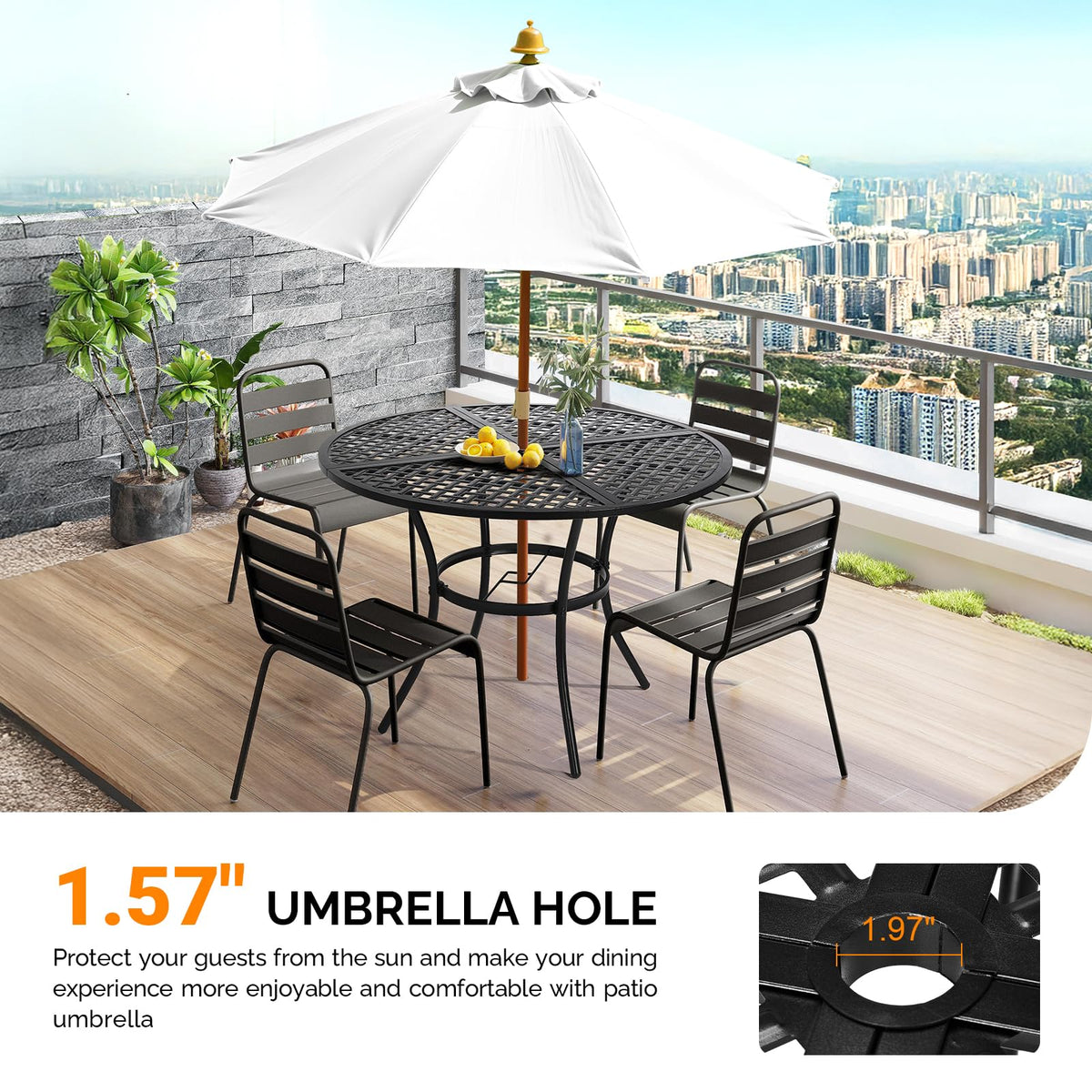 VINGLI 42" Round Outdoor Dining Table - Patio Metal Table with 1.97" Umbrella Hole, Iron Garden Table for Deck Porch Backyard, Black