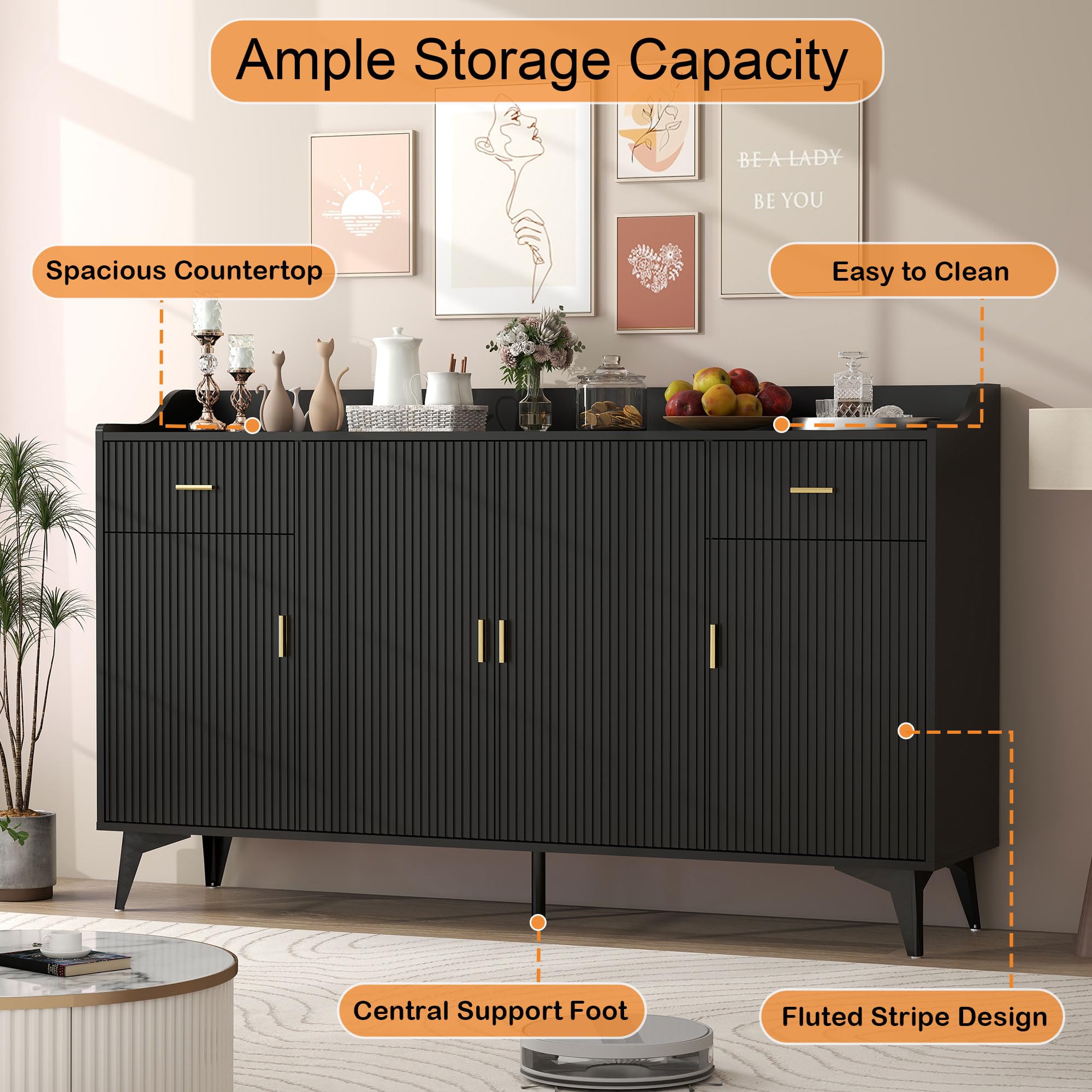 Black Fluted Sideboard Buffet Cabinet with Storage