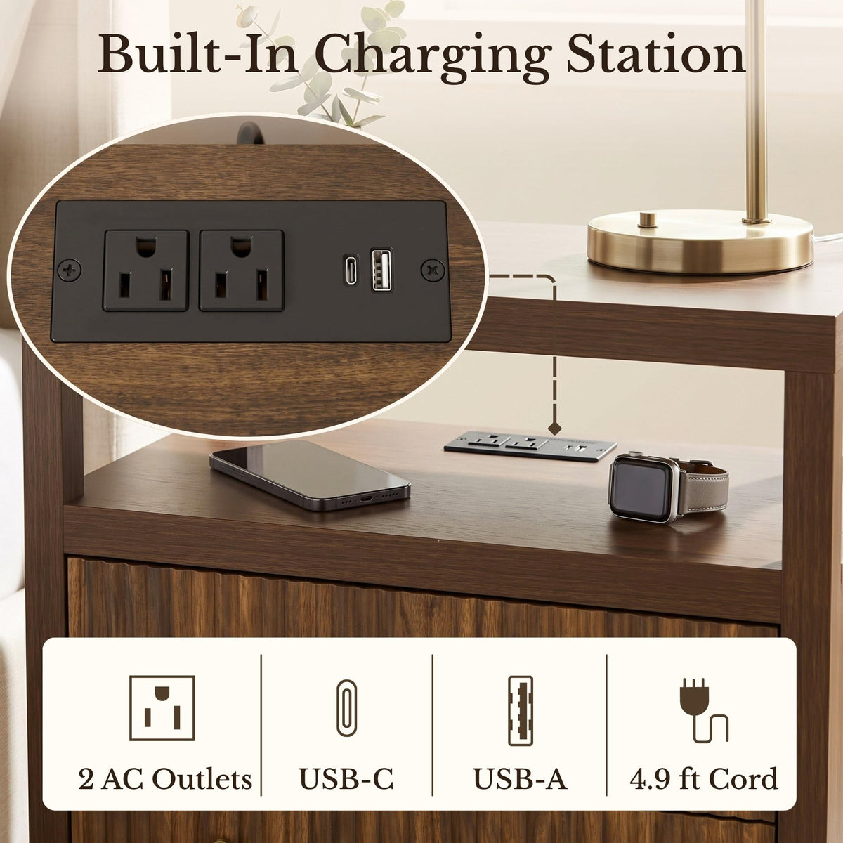 AURELIA LEVEAUX 26" Wide Dark Walnut Fluted Charging Nightstands Set of 2