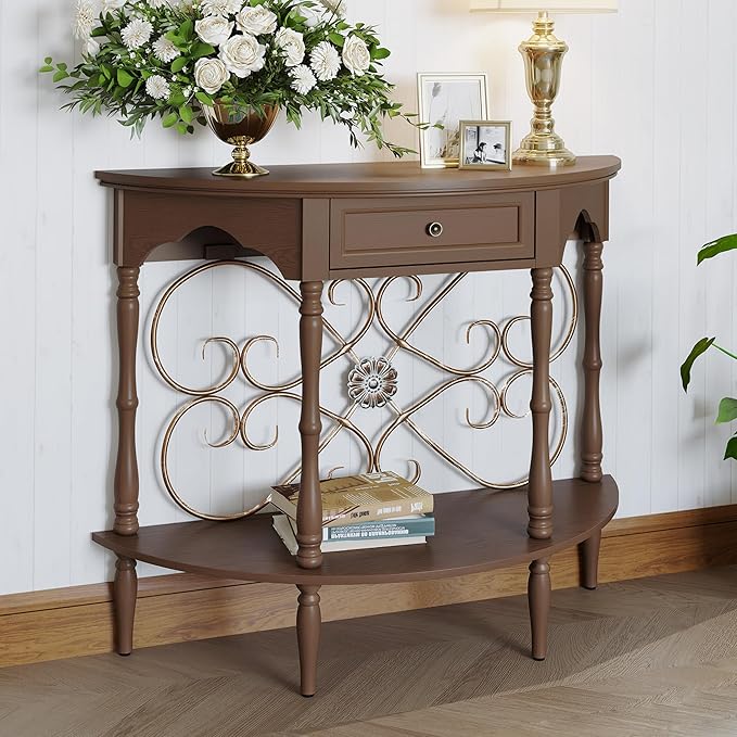 Half Moon Console Table with Drawer & Shelf