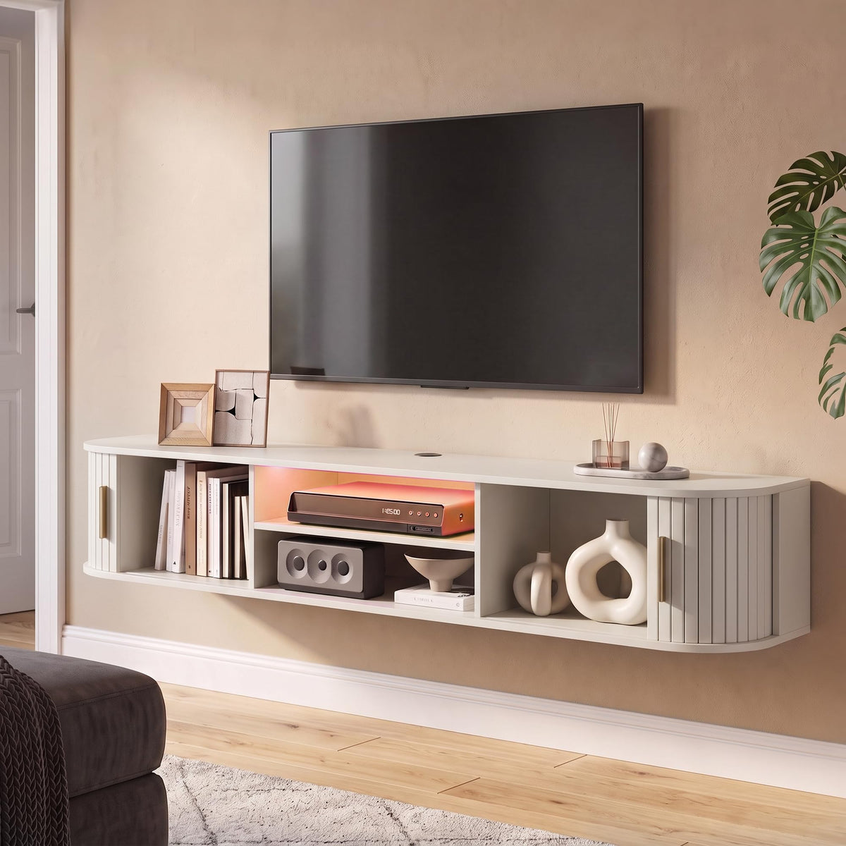 Takwep 70" Floating TV Stand With Storage,Fluted Entertainment Center White
