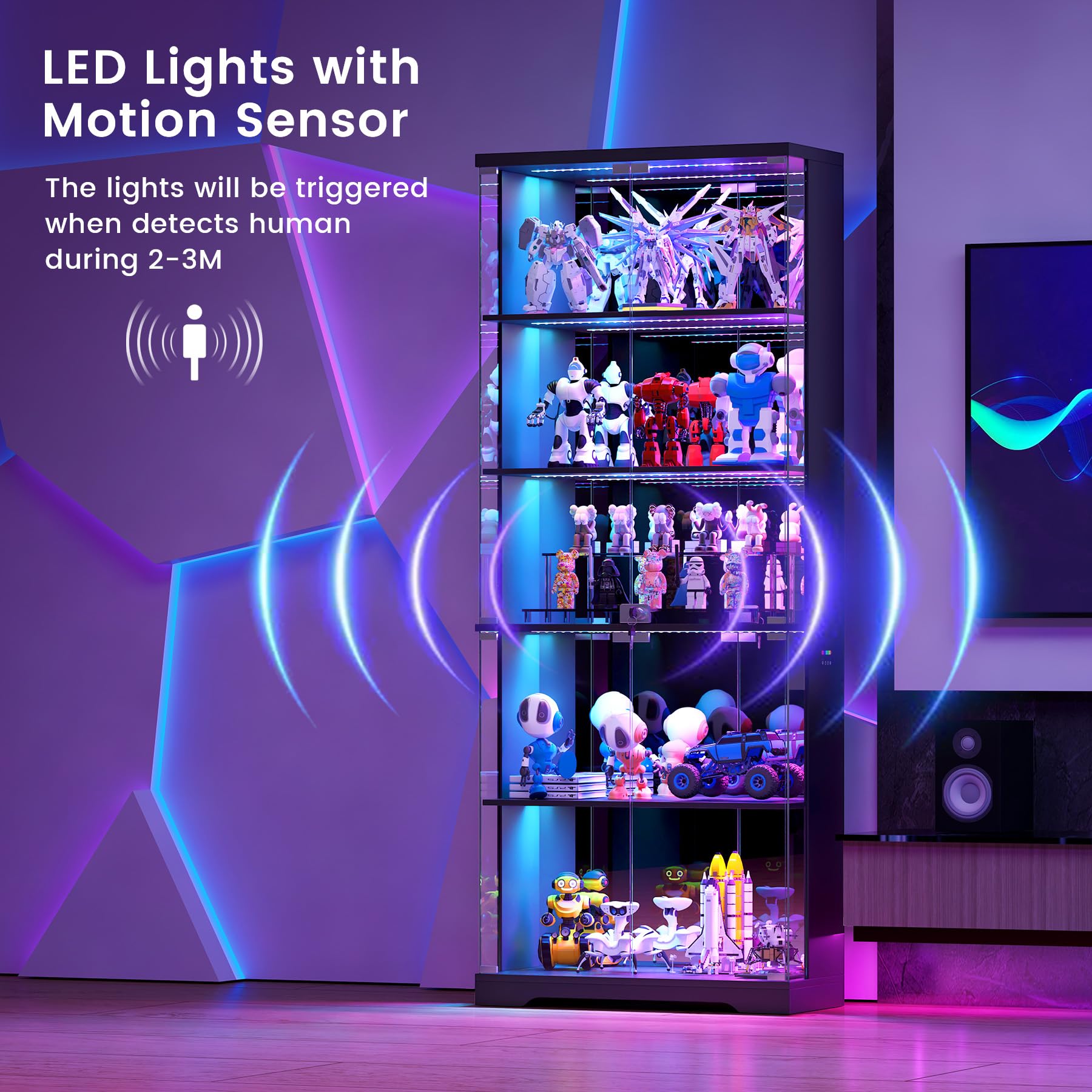 5-Tier Glass Display Cabinet with RGB LED Lights