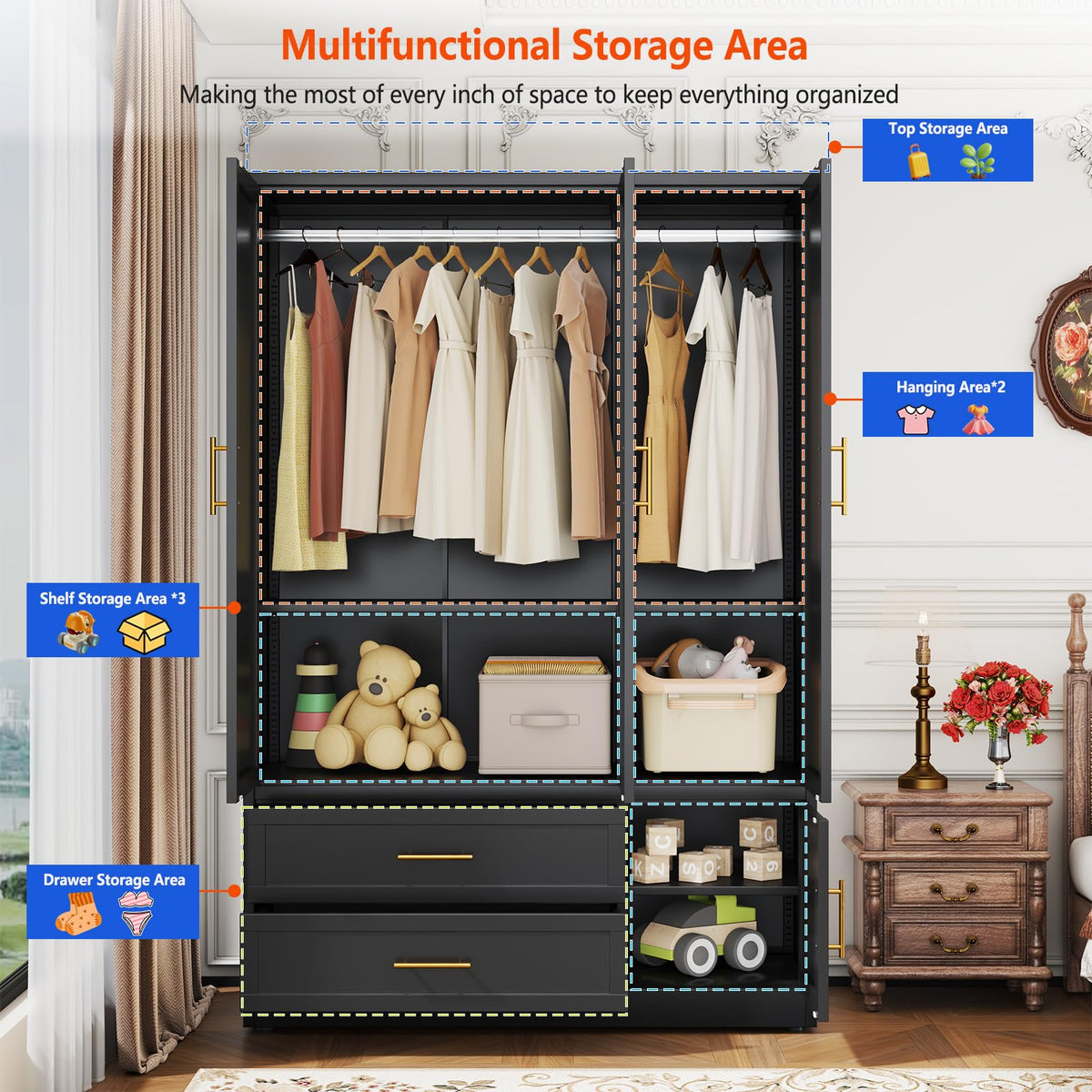 GAIOUS Metal Armoire Wardrobe Closet, Freestanding Clothing Storage Cabinet