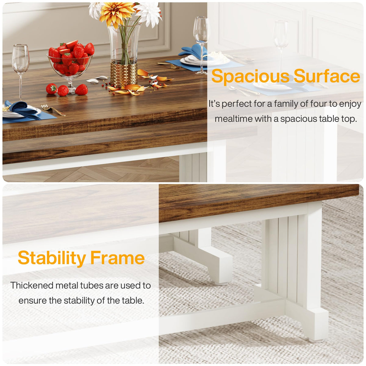 Tribesigns 47-Inch Small Dining Table Set for 2, 3-Piece Kitchen Table with 2 Benches, Farmhouse Wood Dinner Furniture for Narrow Space, Apartment, White & Rustic Brown