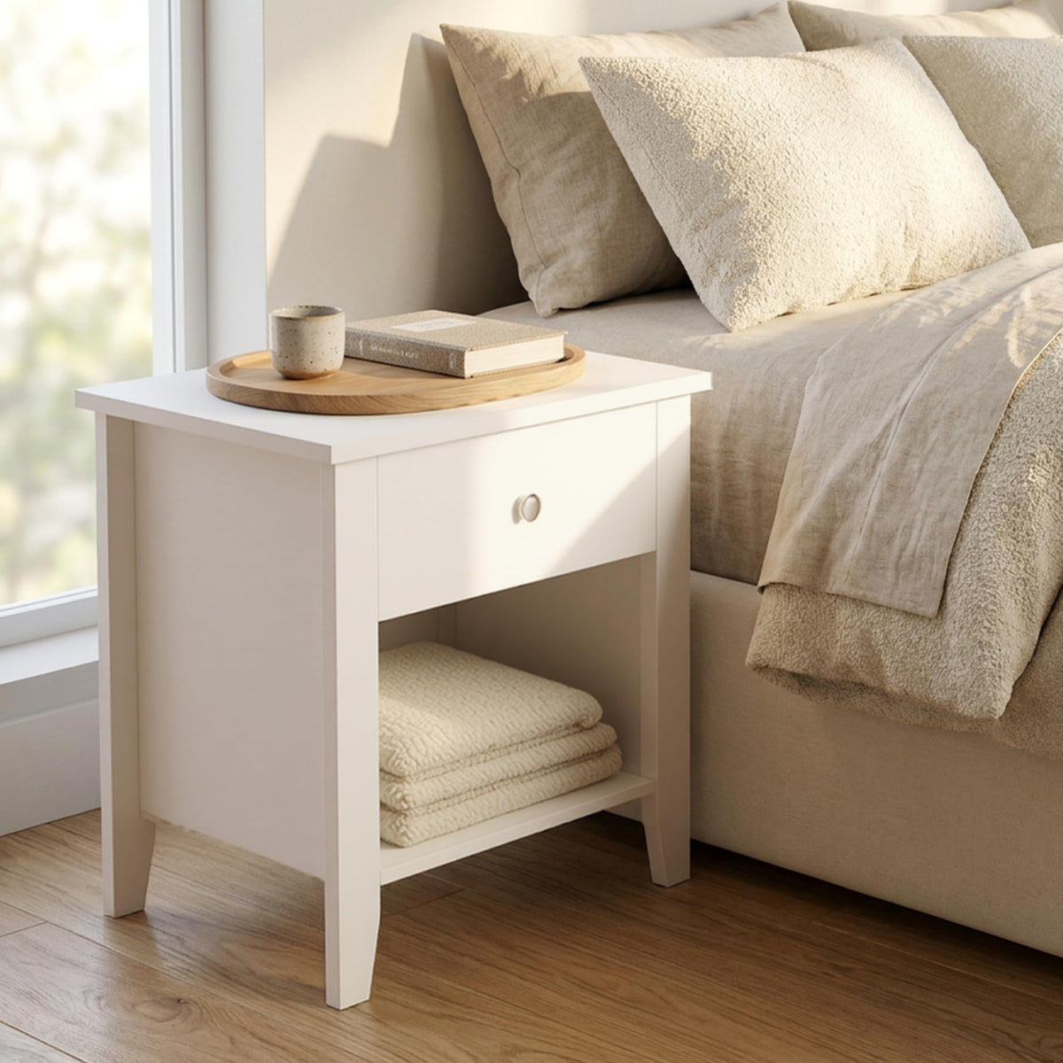 Lavish Home Wooden Nightstand with Drawer & Open Storage Shelf, White