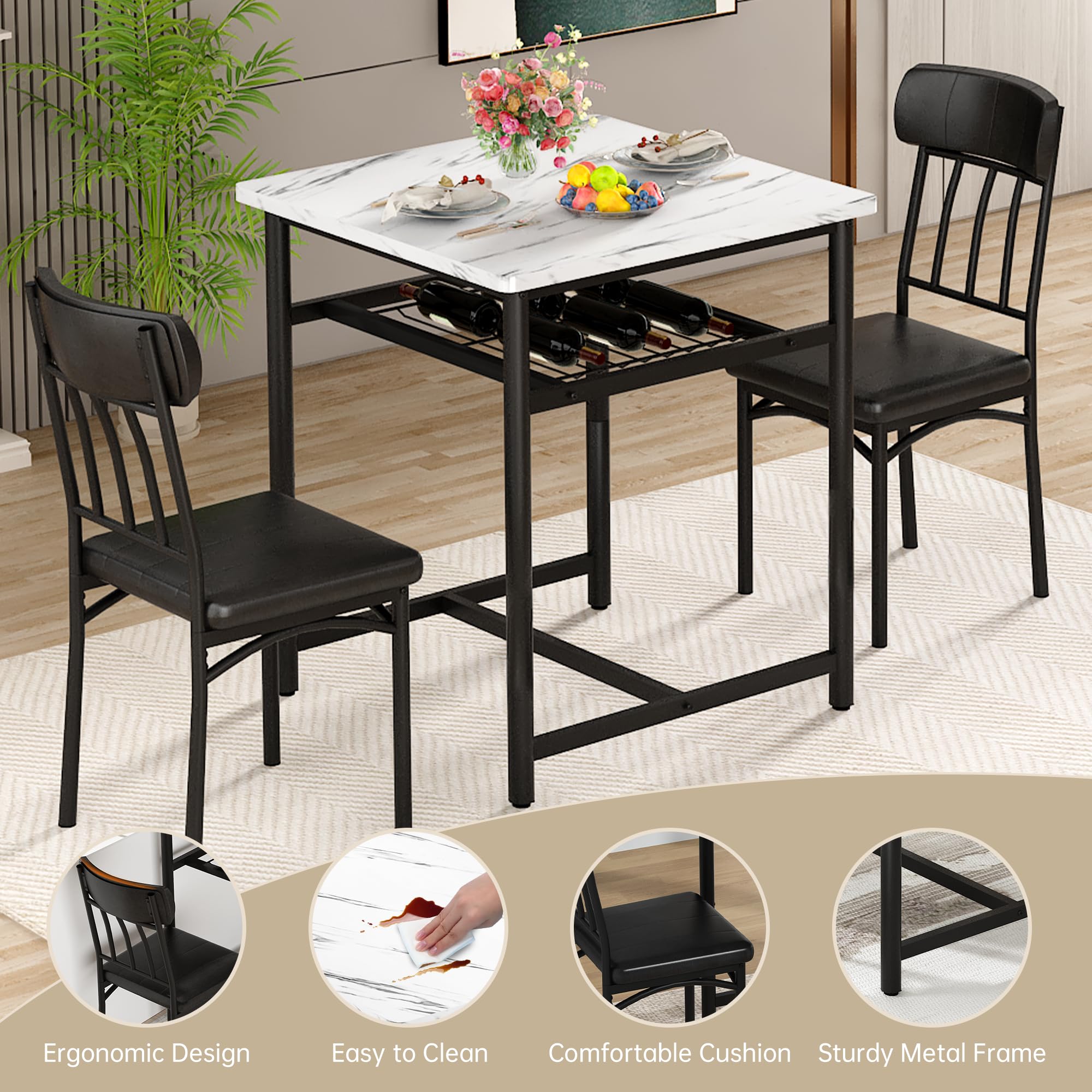 AWQM Square Dining Table Set for 2, Faux Marble Compact Bistro Table with Upholstered Chairs, Space Saving Kitchen Breakfast Nook, Built-in Storage Rack 3-Piece Modern Dining Set for Kitchen & Dining