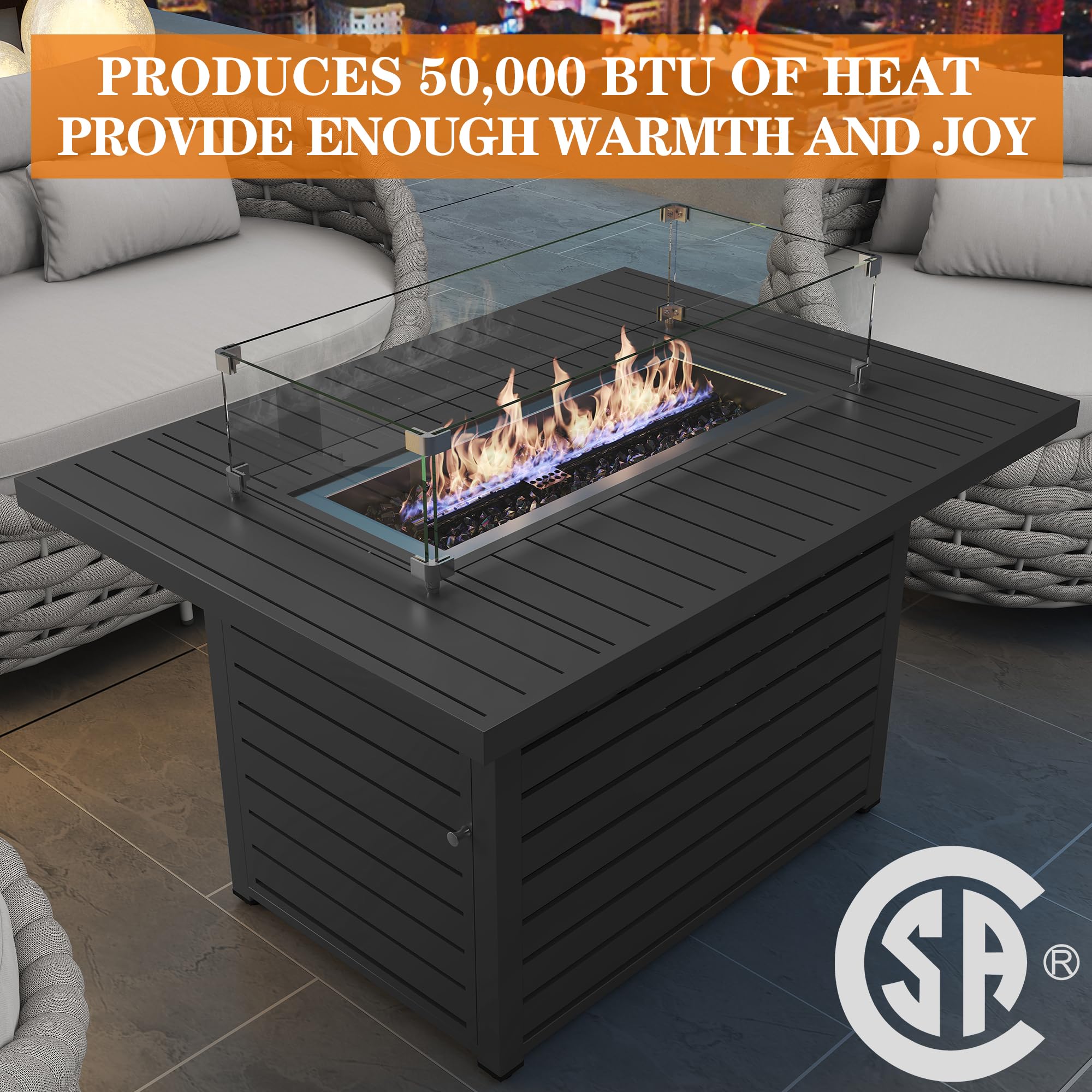 43.3" Propane Fire Pit Table with Lid & Wind Guard