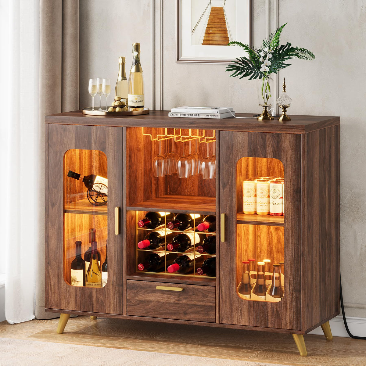 Condemo Bar Cabinet with Power Outlets, Modern Coffee Bar Sideboard with LED Light, Farmhouse Liquor Cabinet with Wine Rack, Glass Holder & Wine Storage, Walnut