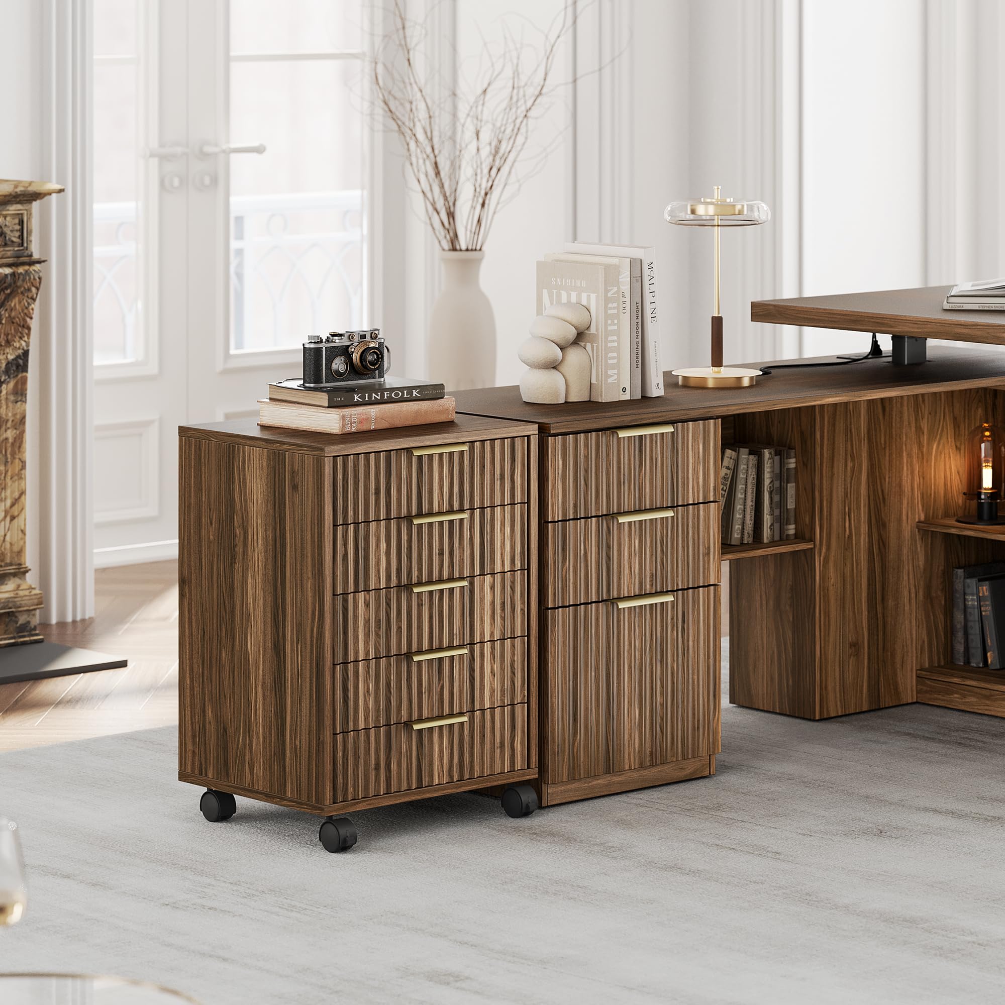 Fluted Mobile File Cabinet with Drawers & Wheels