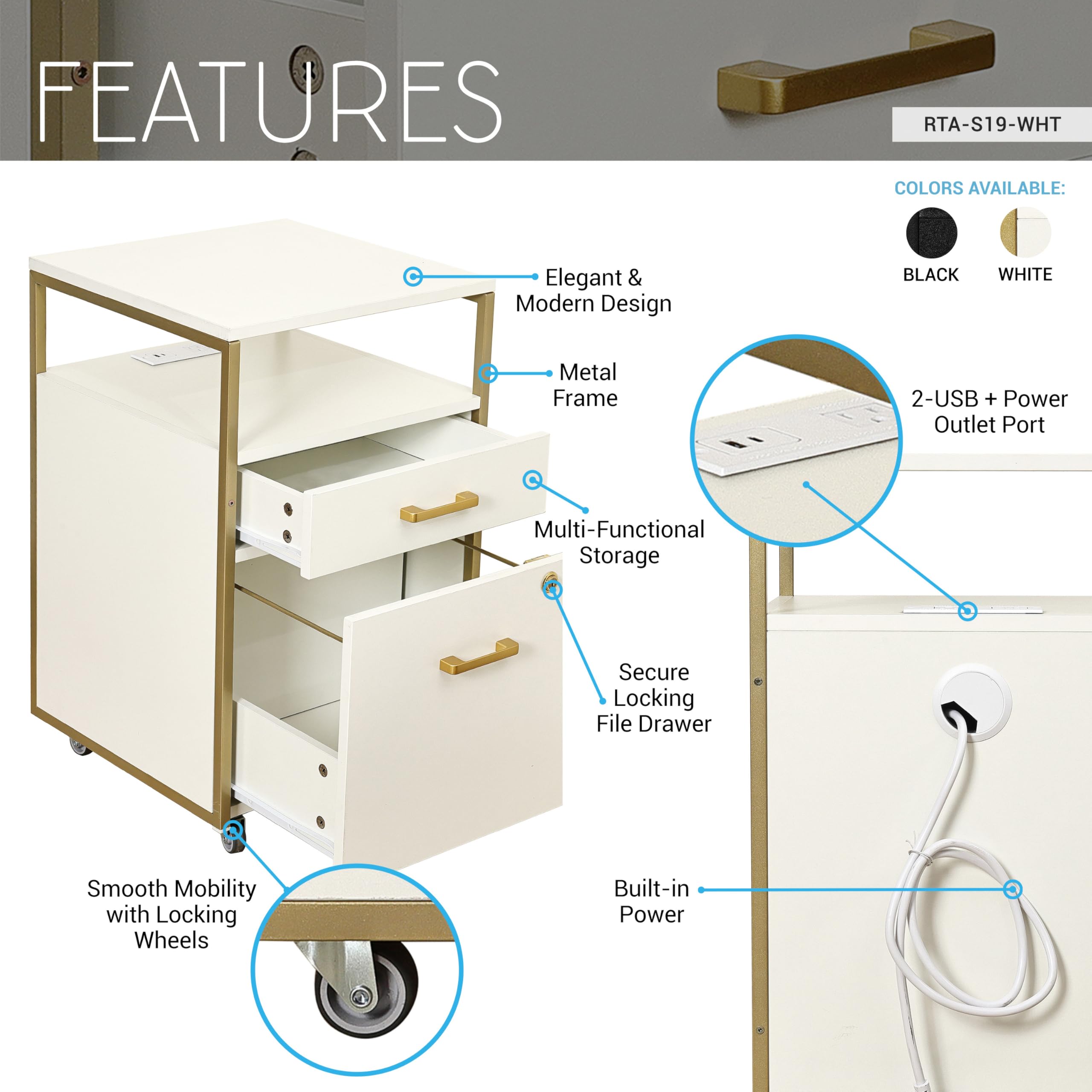 2-Drawer Rolling File Cabinet with Lock, USB Ports & Power Outlet