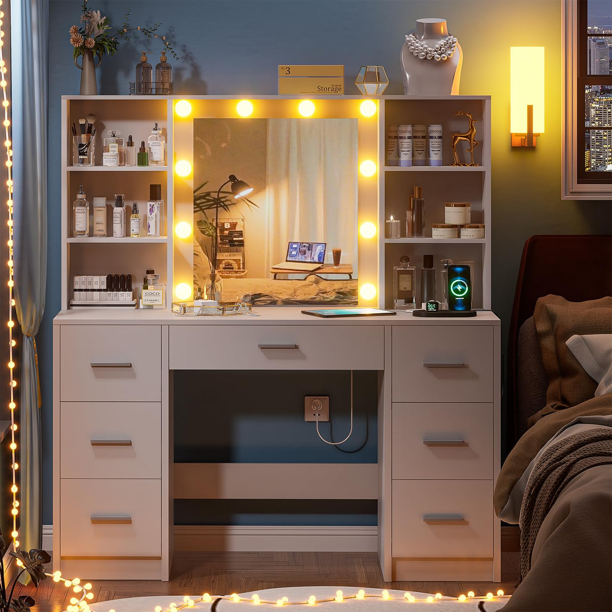 DDONGMM Vanity Desk with Lighted Mirror & Power Outlet, Makeup Vanity with 7 Drawers and 6 Storage Shelves, Bedroom Dressing Table with 3 Lighting Modes & Brightness Adjustable for Girls, Women, White