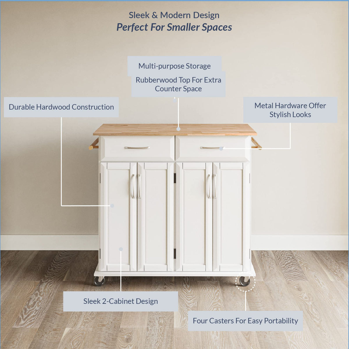BELLEZE Rolling Kitchen Island Cart on Wheels with Storage Cabinet, Mobile Kitchen Cart Island Table with 2 Drawers Towel Racks Rubber Wood Top Coffee Bar for Dinning Room, 41.7”Lx18.5”Wx37”H, White