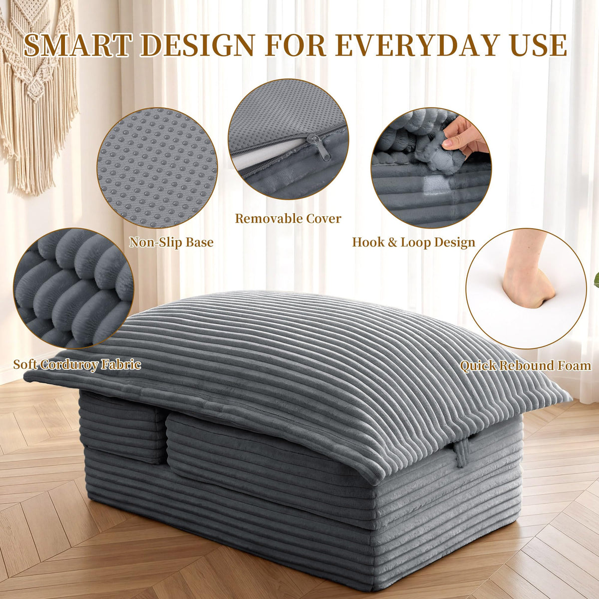 BALAPET Foldable Corduroy Boneless Ottoman, Convertible Folding Sofa Bed