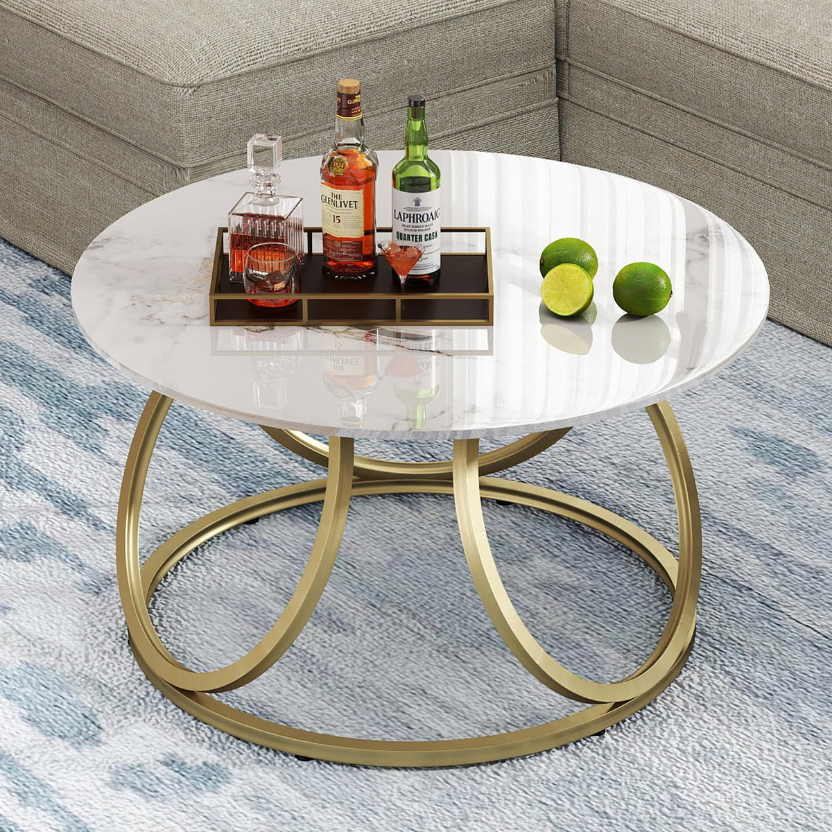 Round Gold Marble-Look Coffee Table