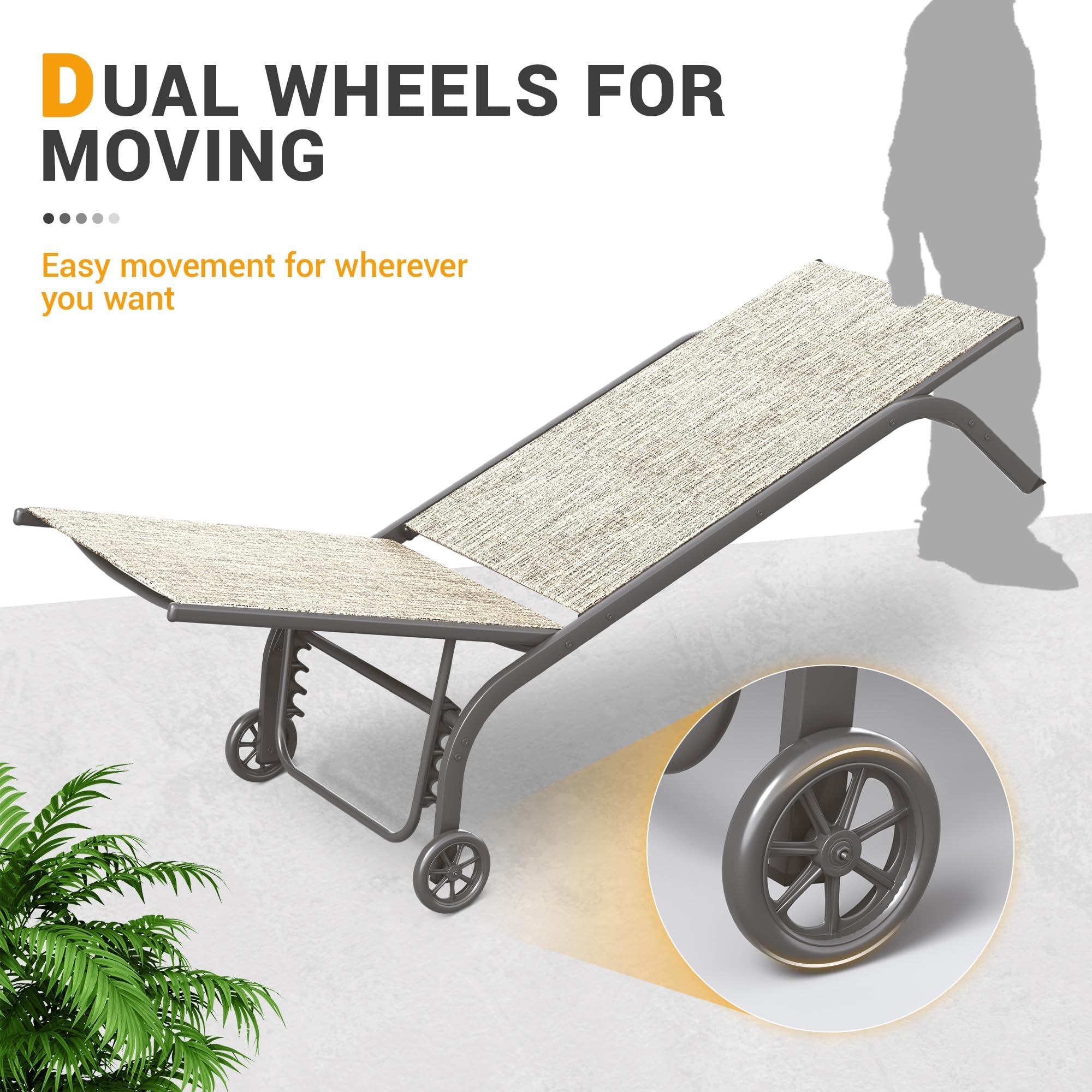 UDPATIO Aluminum Patio Lounge Chairs Set of 2 for Outside with Coffee Table Poolside Chaise Chair with Cushion for Sunbathing 5 Adjustable Position Backrest Outdoor Lounger with Wheels