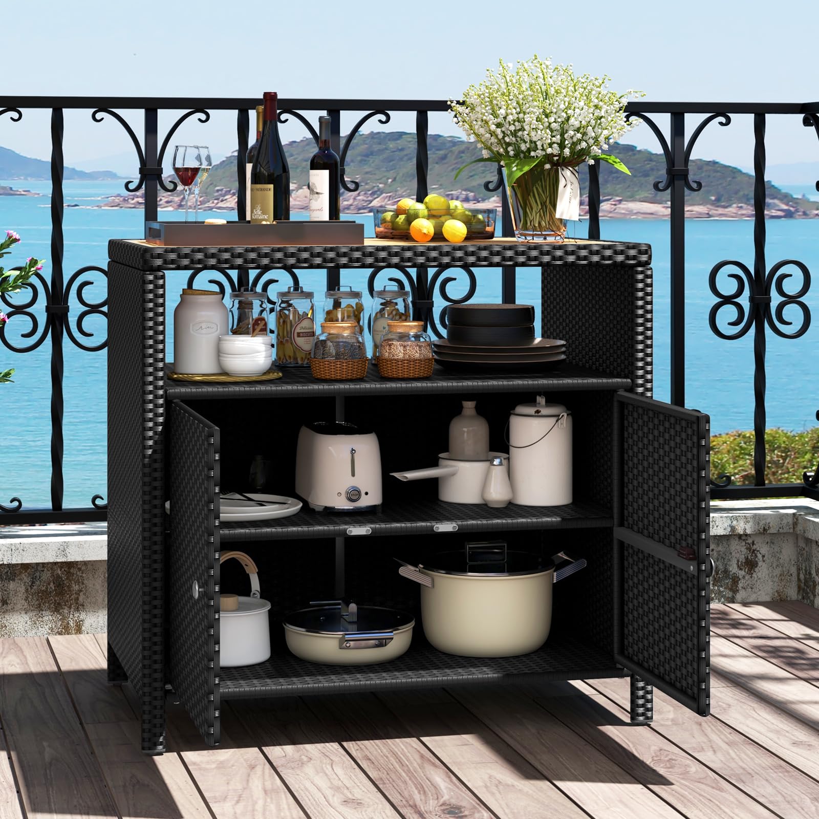 RELAX4LIFE Wicker Outdoor Bar Cabinet - PE Rattan Patio Bar Table w/Acacia Wood Countertop, Open Shelf & 2 Doors, Buffet Sideboard Organizer for Garden Backyard Pool, Outside Storage Cabinet (Black)