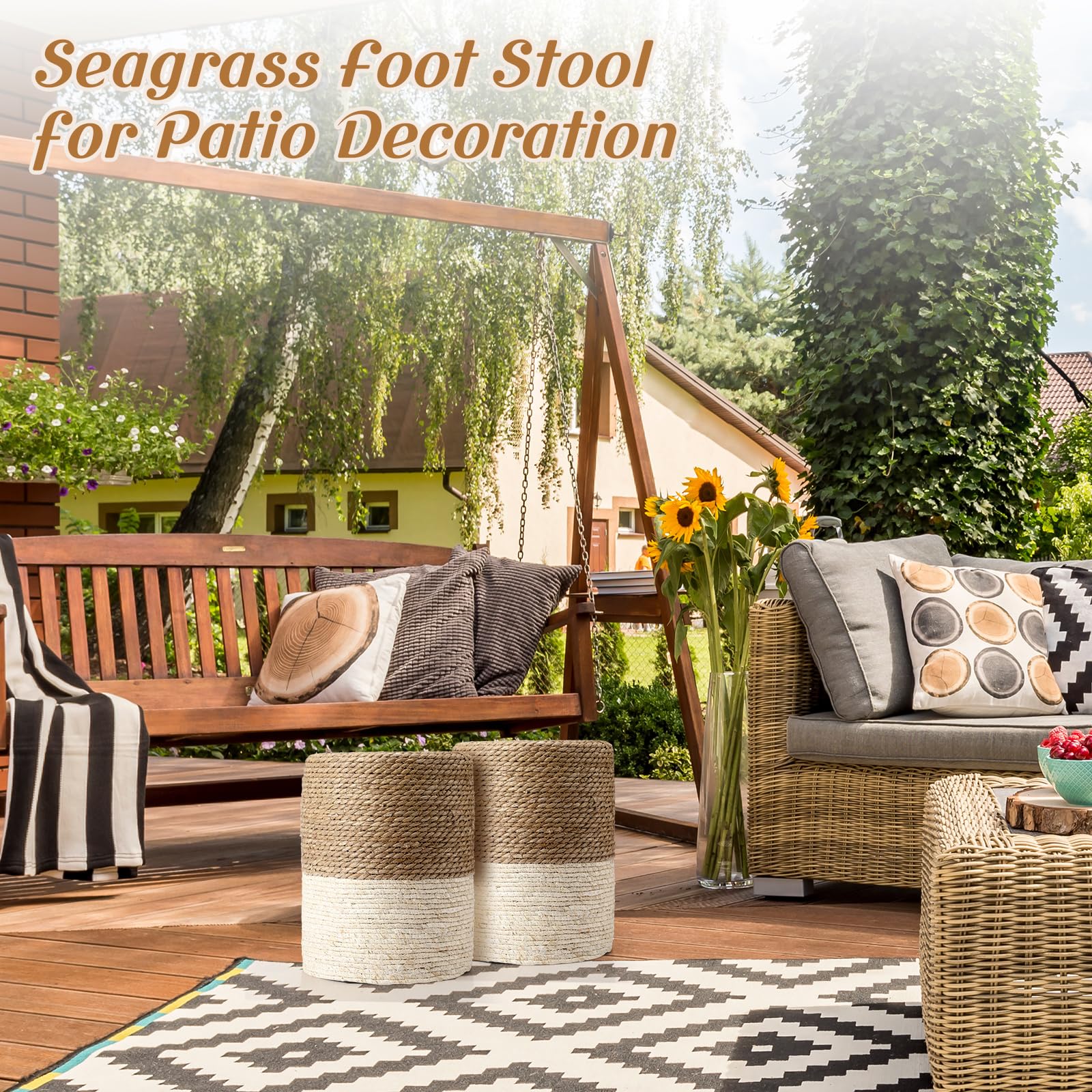 Round Seagrass Pouf Ottoman Set of 2 – Boho Footrest Stool