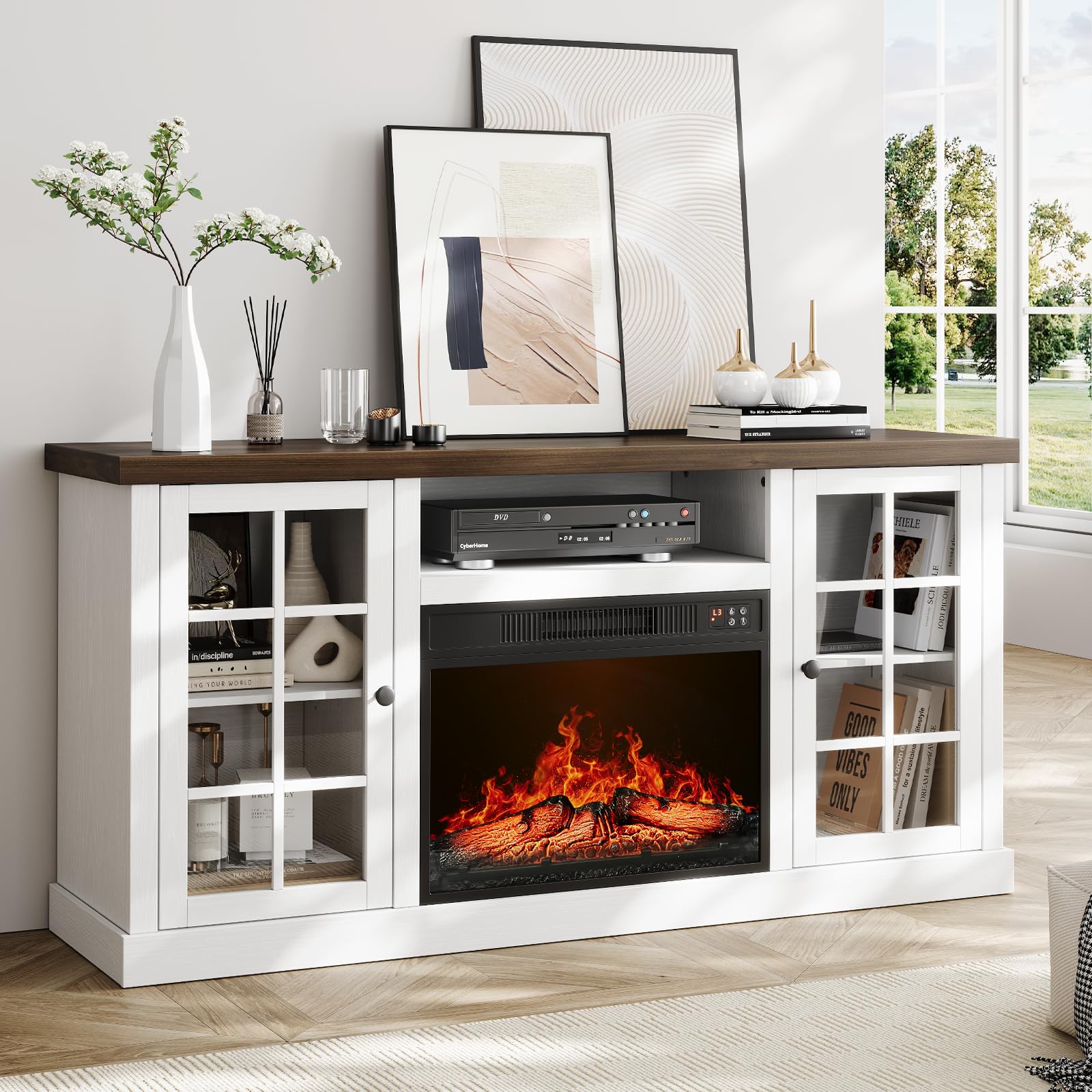 59" Fireplace TV Stand with Electric Fireplace & Glass Doors