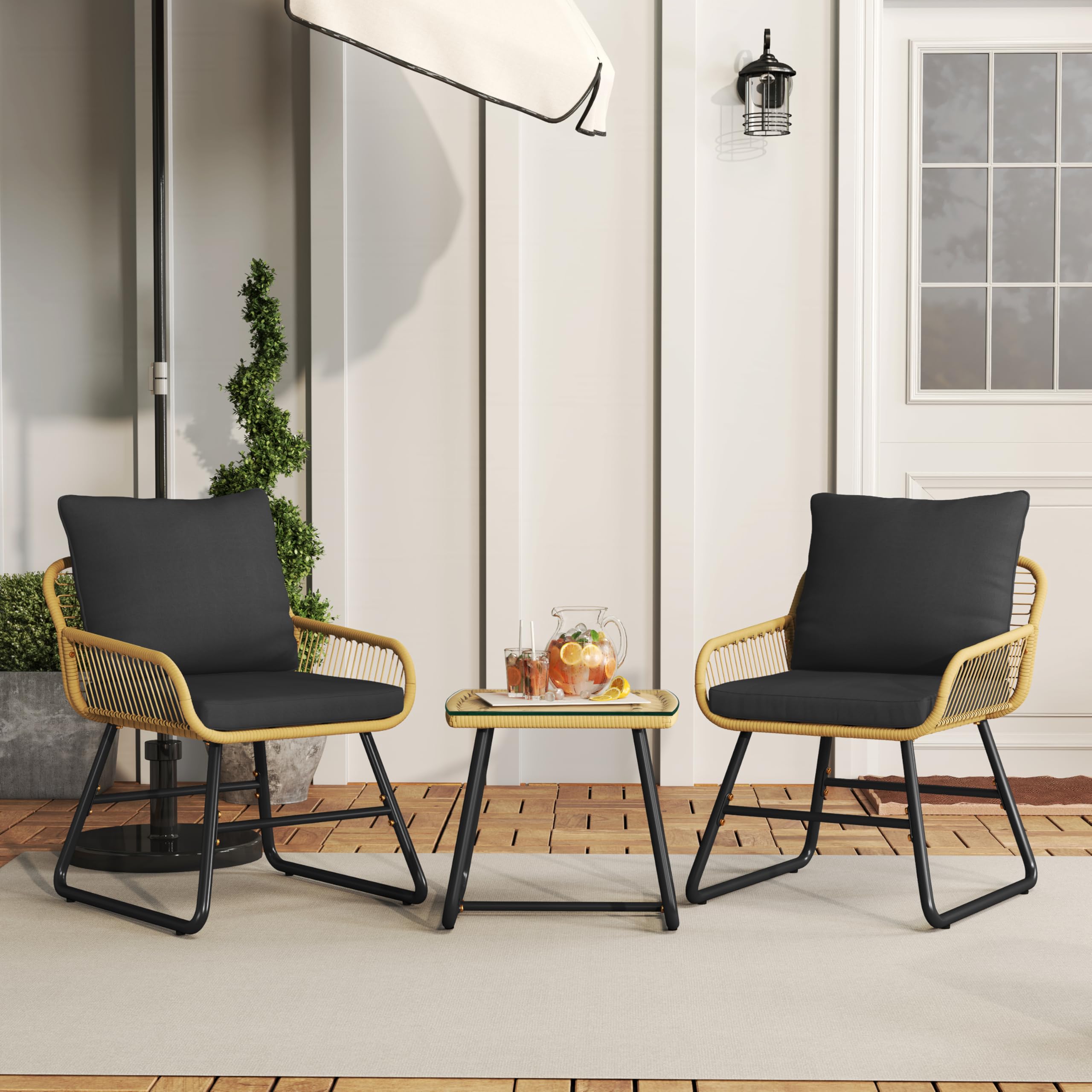 Yaheetech 3 Piece Patio Bistro Set Outdoor Wicker Bistro Furniture Sets, 2 Rattan Chairs and Glass Top Table for Patio, Balcony, Porch, Poolside, Backyard 3 PCS/Tan/Black