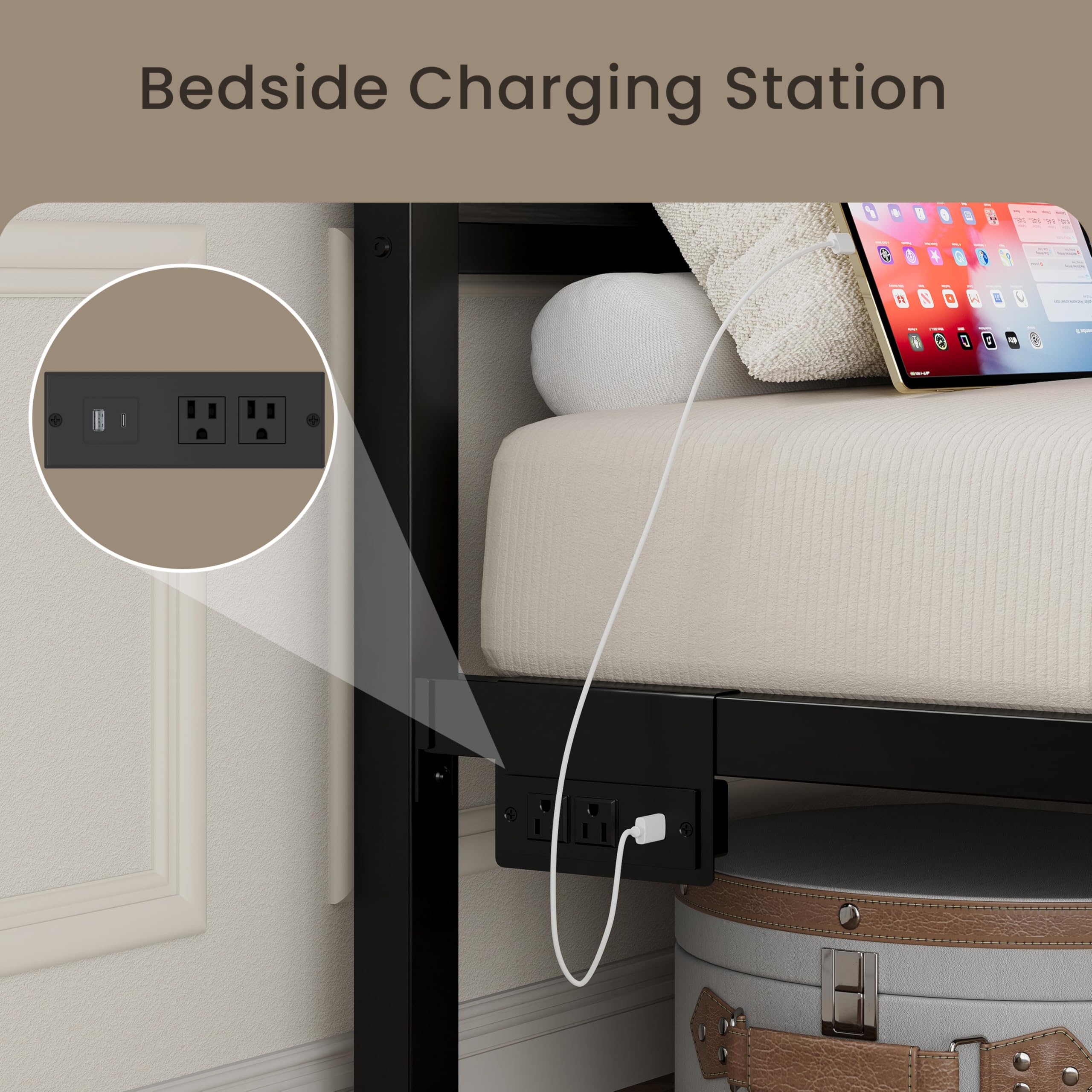 Twin Bed Frame with Storage Drawers, RGB Lighting & Charging Station