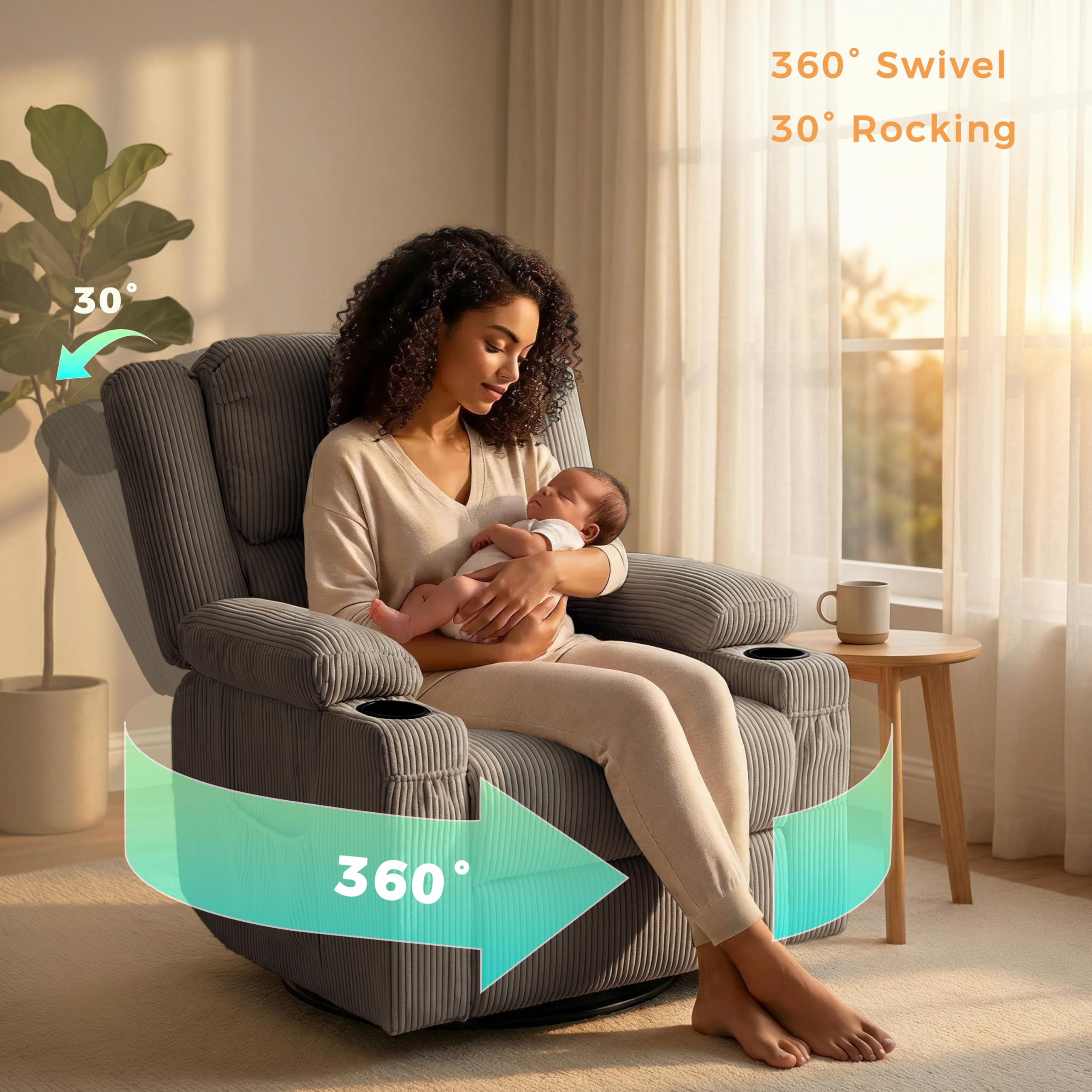 IKAKOS 360 Degree Swivel Rocker Recliner Chair with Heat and Massage, Soft Corduroy Manual Reclining Nursery Glider with USB Port, 2 Cup Holders & 4 Storage Pockets, 400lbs Capacity (Grey)