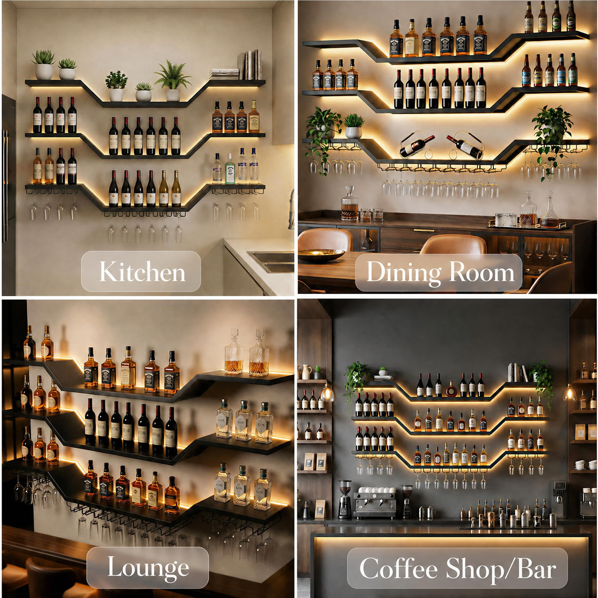 XcyUktp 78.7in Wall Mounted Wine Rack with LED & Glass Holder, Metal 3-Tier