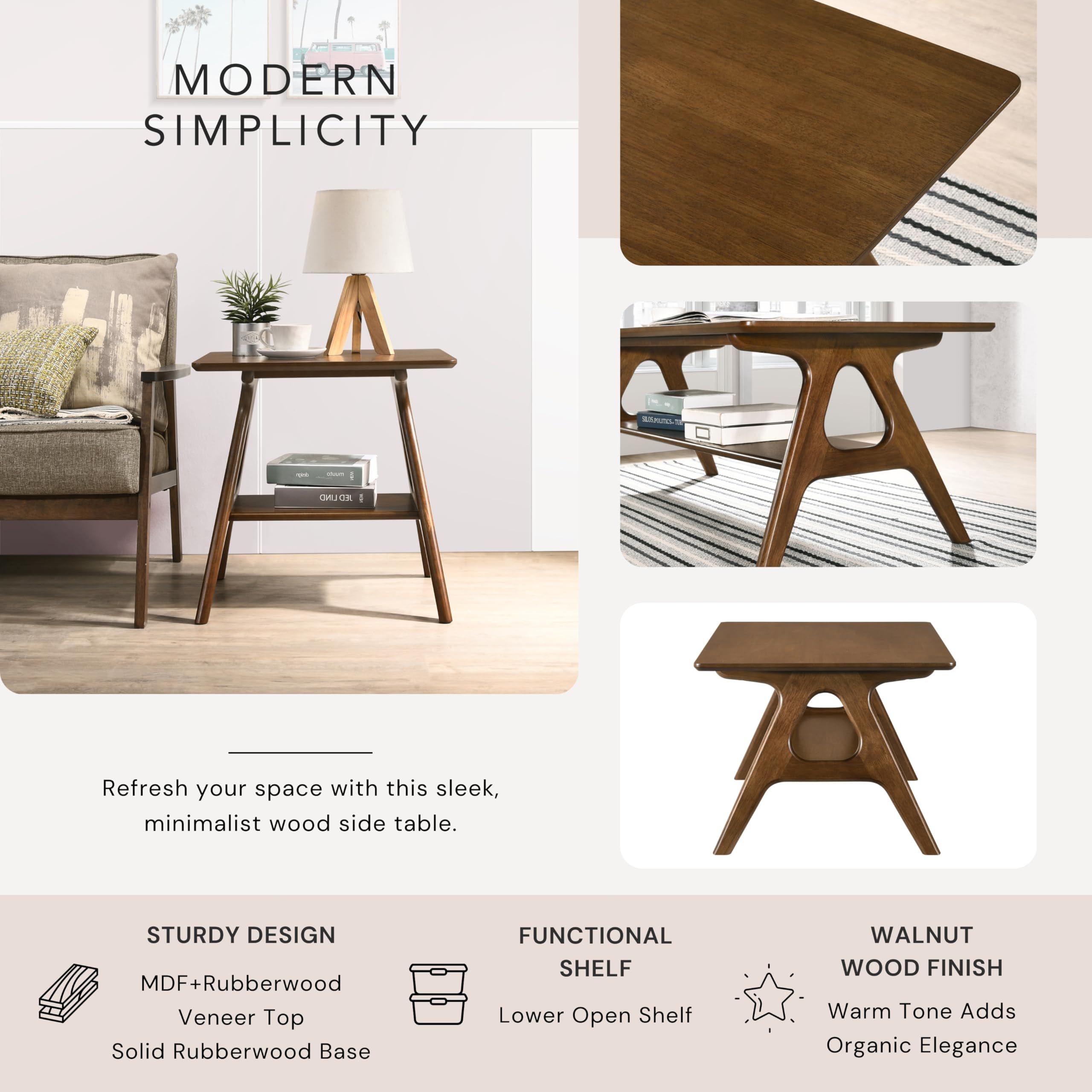 Roundhill Furniture Arona 3-Piece Coffee Table Set, Coffee Table and Two End Tables, Walnut