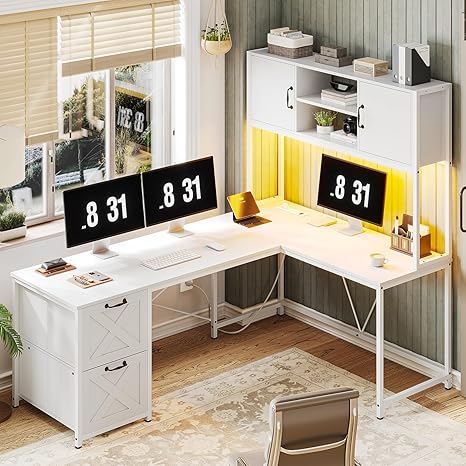 L-Shaped Corner Desk with Drawers, LED Lights & Power Outlet