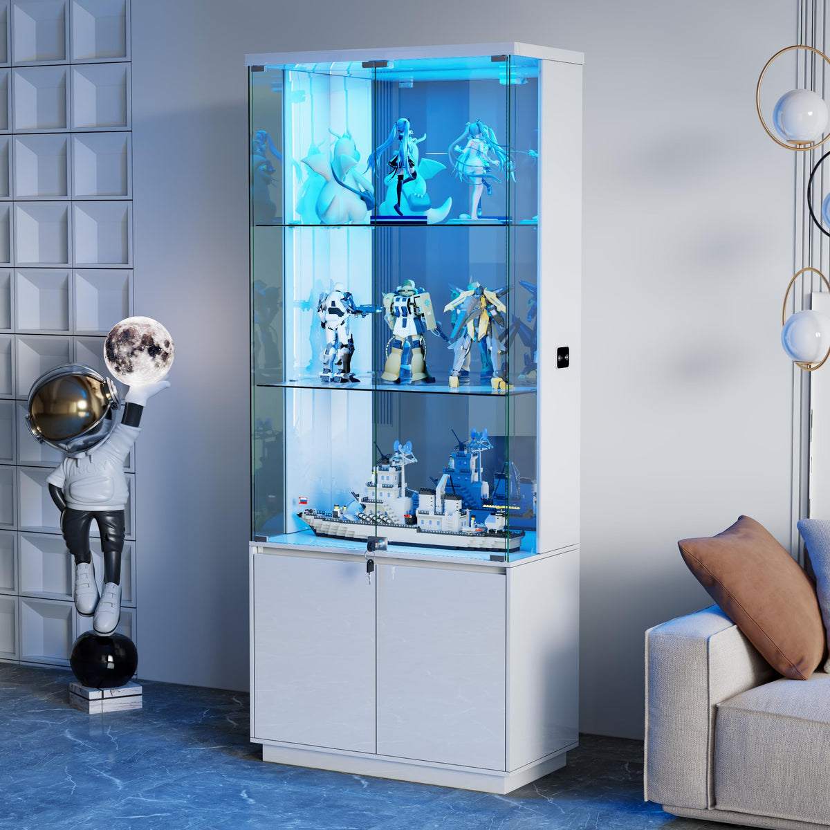 Gurexl 71" Lockable LED Glass Display Cabinet with Human Sensor, White