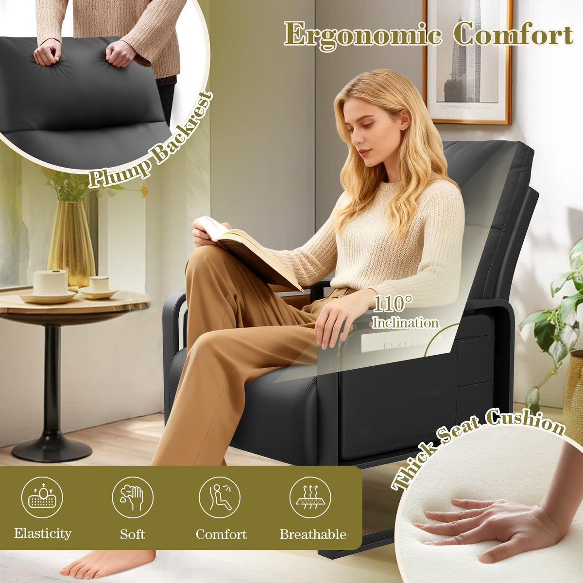 Apeaka Black Accent Chair PU Leather Upholstered Armchair with Side Table