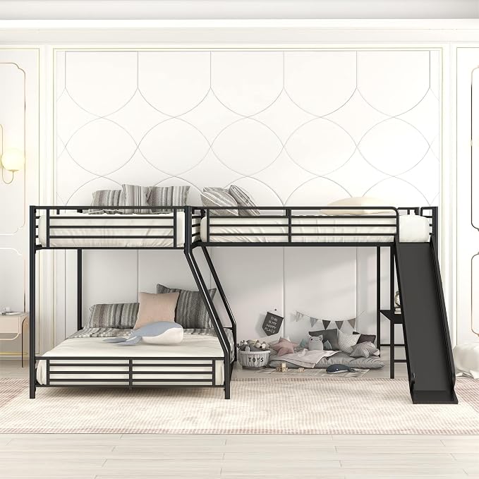 L-Shaped Triple Bunk Bed with Desk