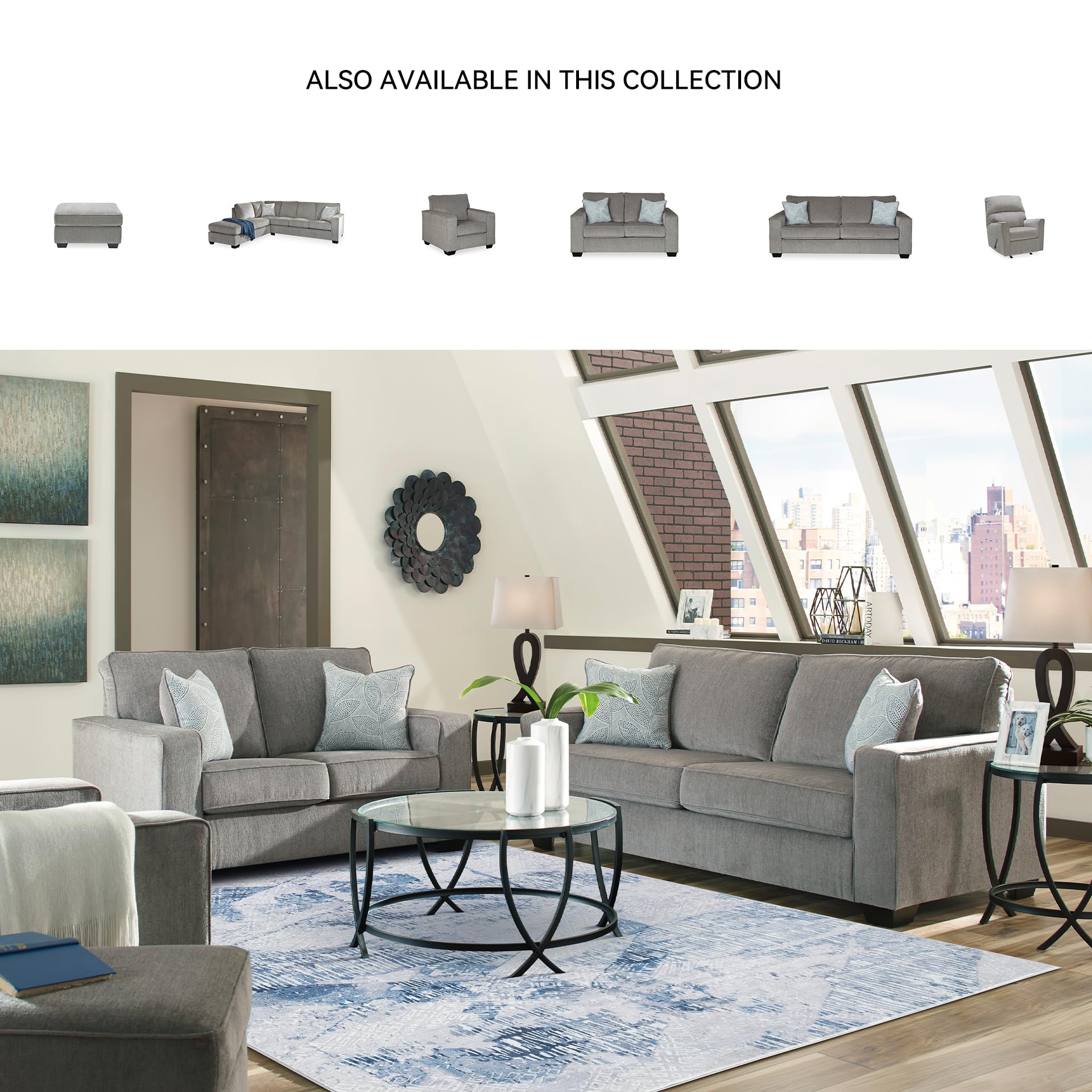 Signature Design by Ashley Altari Modern Loveseat with 2 Accent Pillows, Light Gray