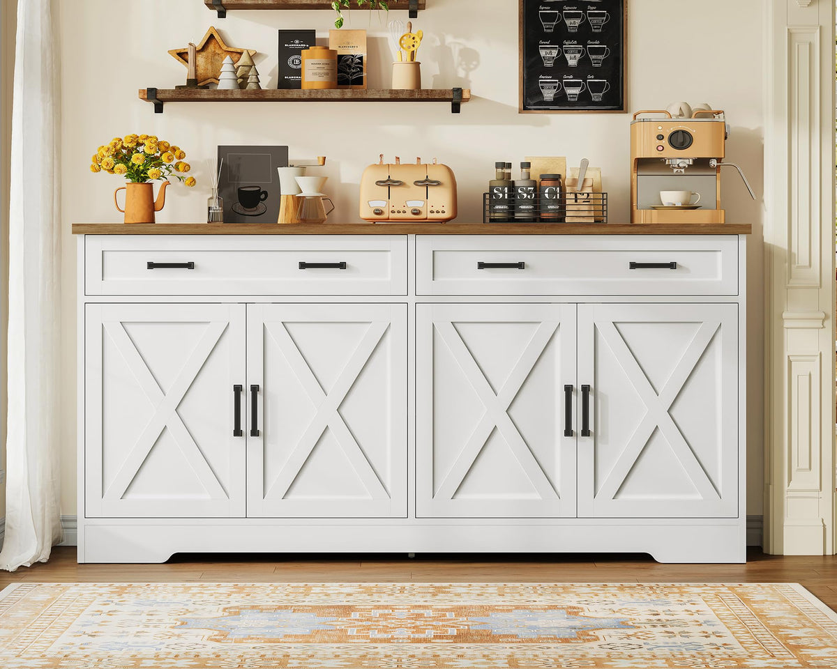 usikey 63" W Buffet Cabinet with Storage, Sideboard Cabinet with 2 Adjustable Shelves and 4 Doors, Modern Farmhouse Coffee Bar Cabinet for Kitchen, Living Room, White