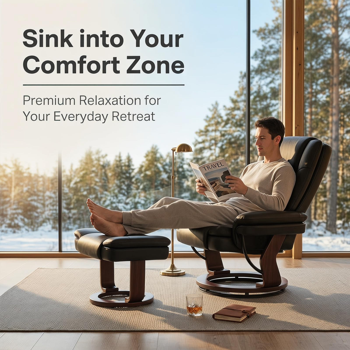 Swivel Recliner Chair with Ottoman, Adjustable PU Leather Recliner, Black