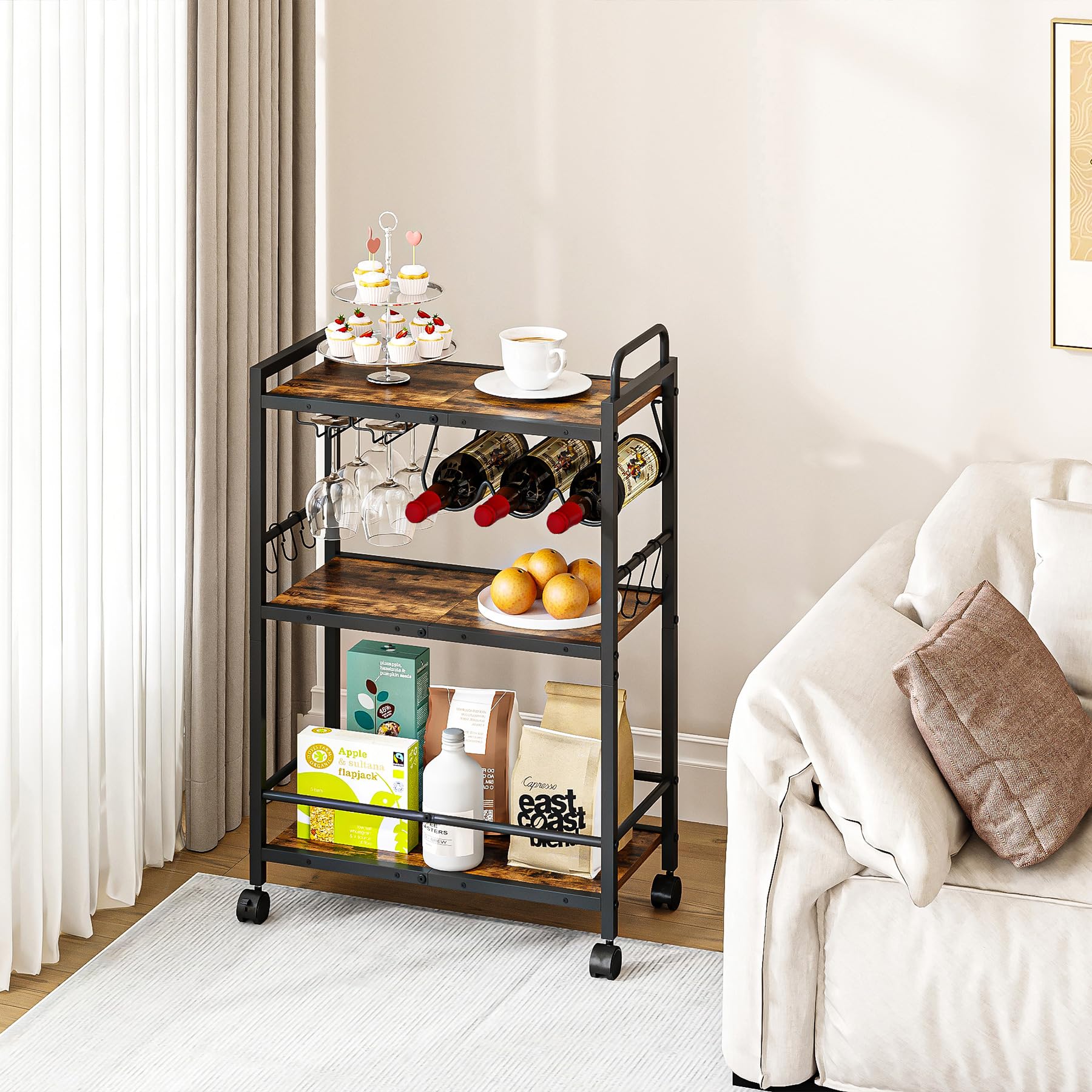 3-Tier Rolling Bar Cart with Wine Rack & Glass Holder