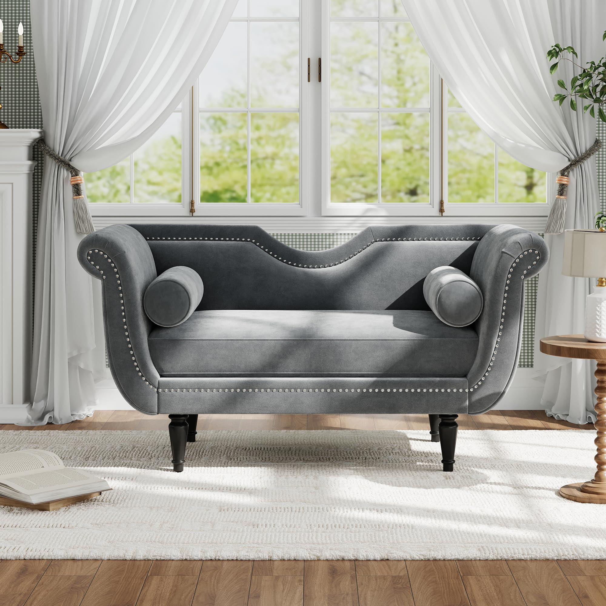 Velvet Ottoman Bench with Bolster Pillows & Nailhead Trim
