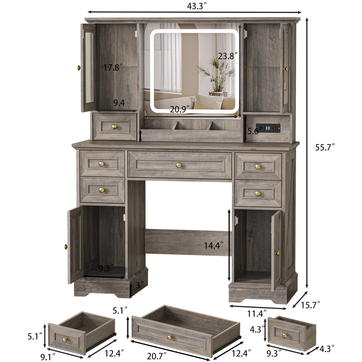 Farmhouse Makeup Vanity with Lighted Mirror
