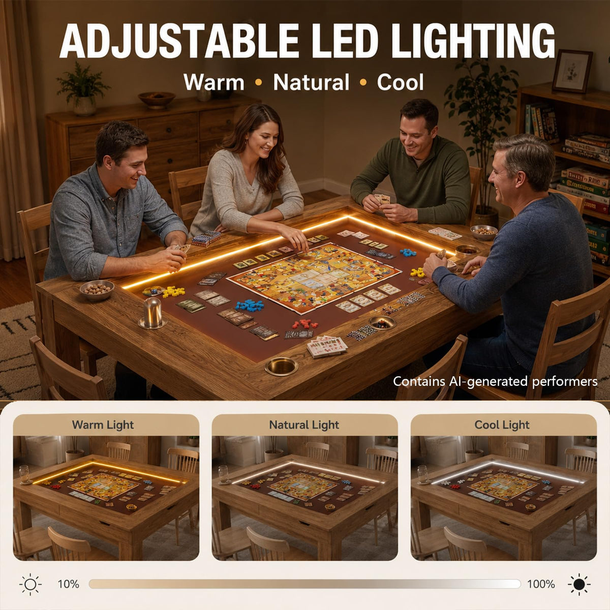 TORESOE Board Game Table with LED, Removable Top, Gaming Dining & RPG Table