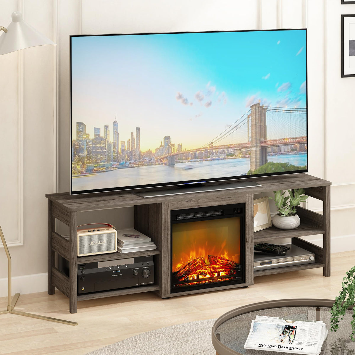 Furinno Classic TV Stand, Entertainment Center, TV Console for TV up to 70 Inch with Fireplace and Open Shelf, for Living Room, Bedroom, Grey Oak