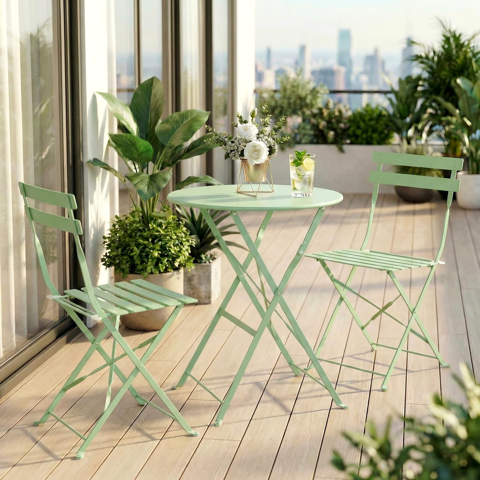 Bistro Table and Chairs set of 2, 3 Piece Folding Outdoor Patio Bistro Set with Comfortable Cushions, Weather-Resistant Stable Small Patio Furniture Set for Backyard Balcony Porch Coffee Shop, Green