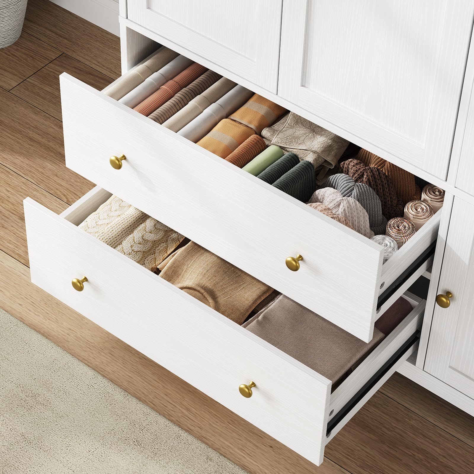 ONBRILL 3 Doors Wooden Wardrobe Closet Armoire with Pull Out Pants Rack, Bedroom Large Capacity Armoire with Drawers and Shelves, Storage Cabinet for Hanging Clothes, White