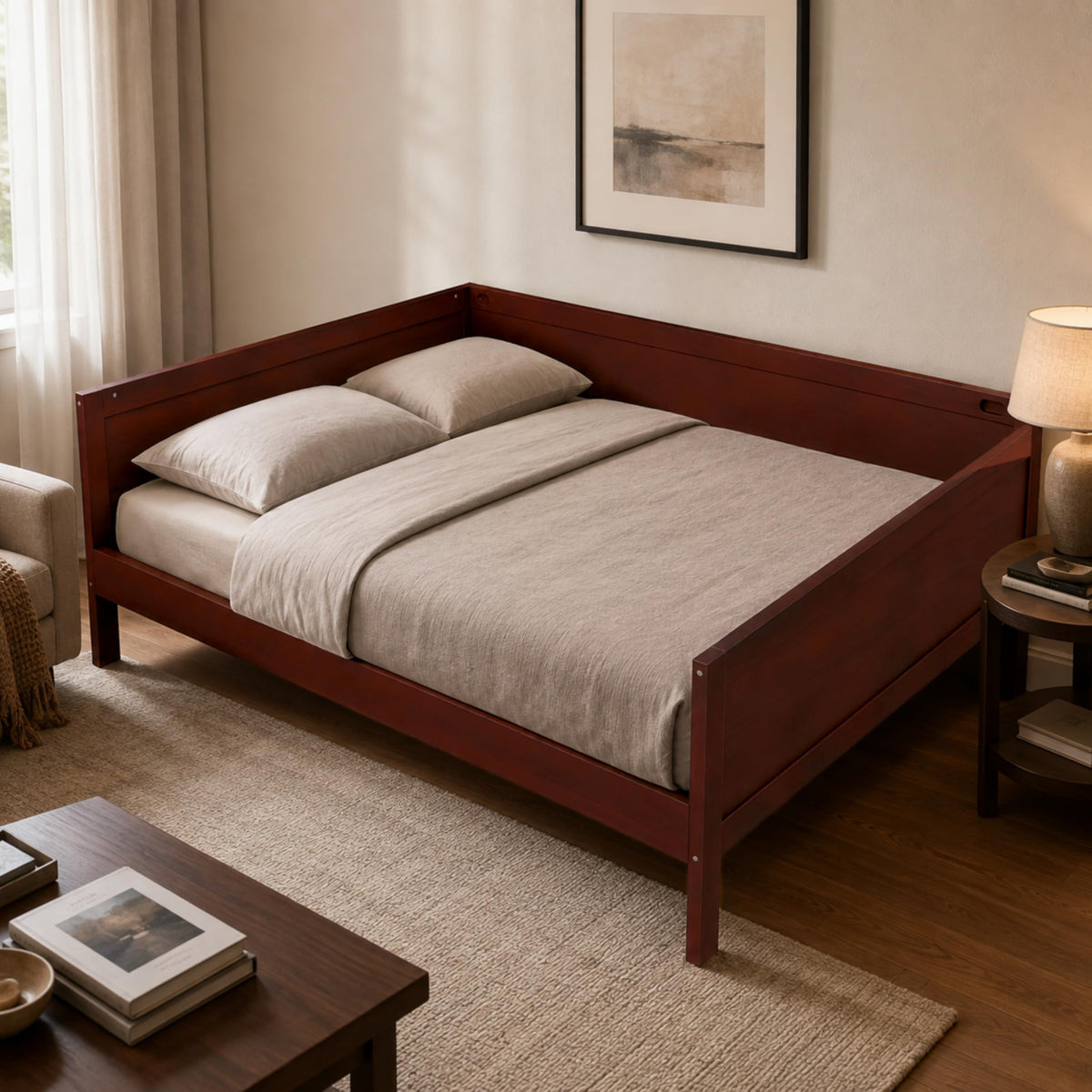Corner Bed Frame Full Size with 3-Side Rails and Slat Support, Dark Walnut