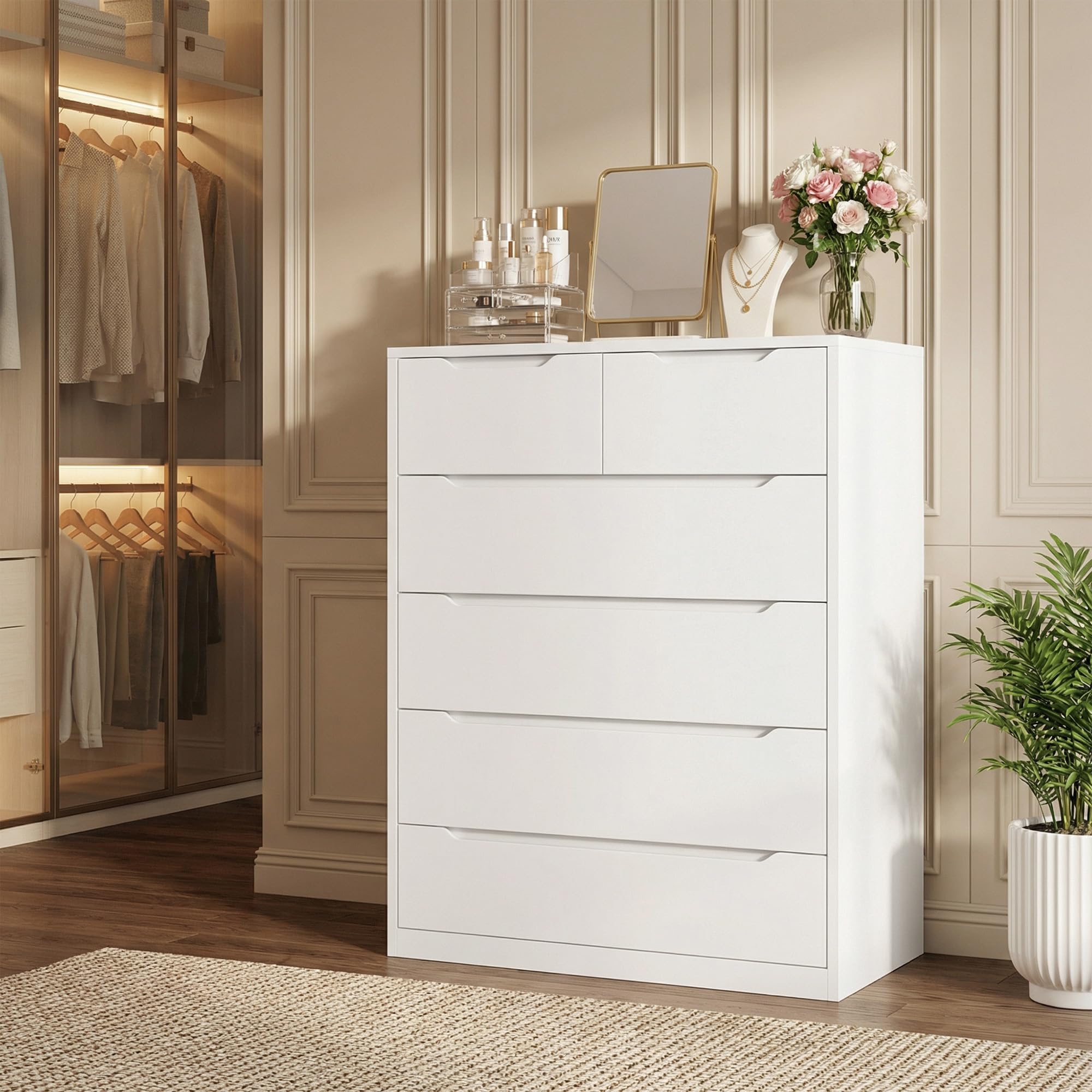 Romorgniz White Dresser for Bedroom with 6 Wood Drawers, Tall Dressers & Chests of Drawers with Smooth Metal Slides for Entryway Hallway, Handle-Free Modern Design, 250 LBS Capacity