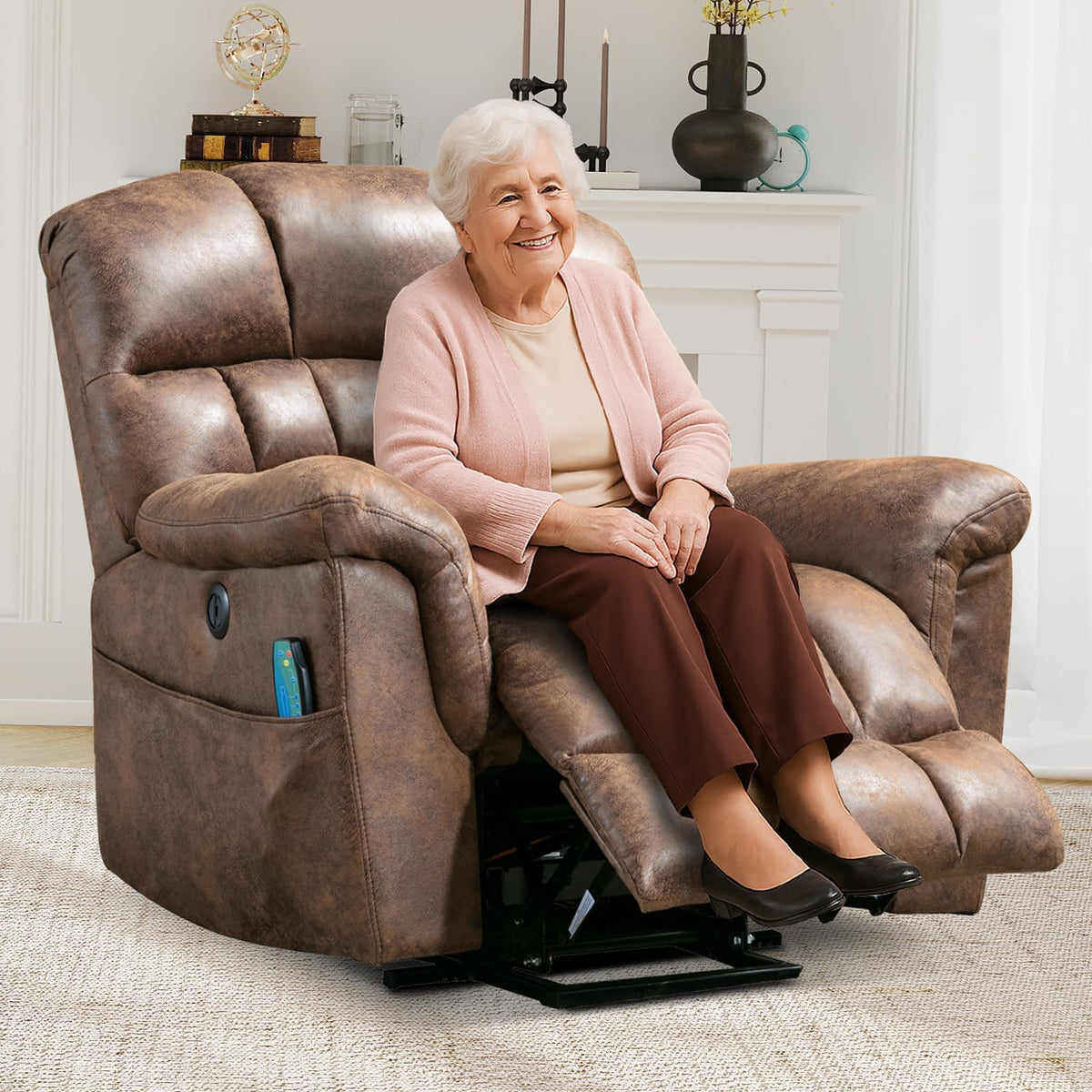 HAOMARKETS Oversized Power Leather Lift Recliner with Massage and Heat for Elderly, Electric Lifting Reclining Chair with Side Pockets and USB Port for Living Room, Brown