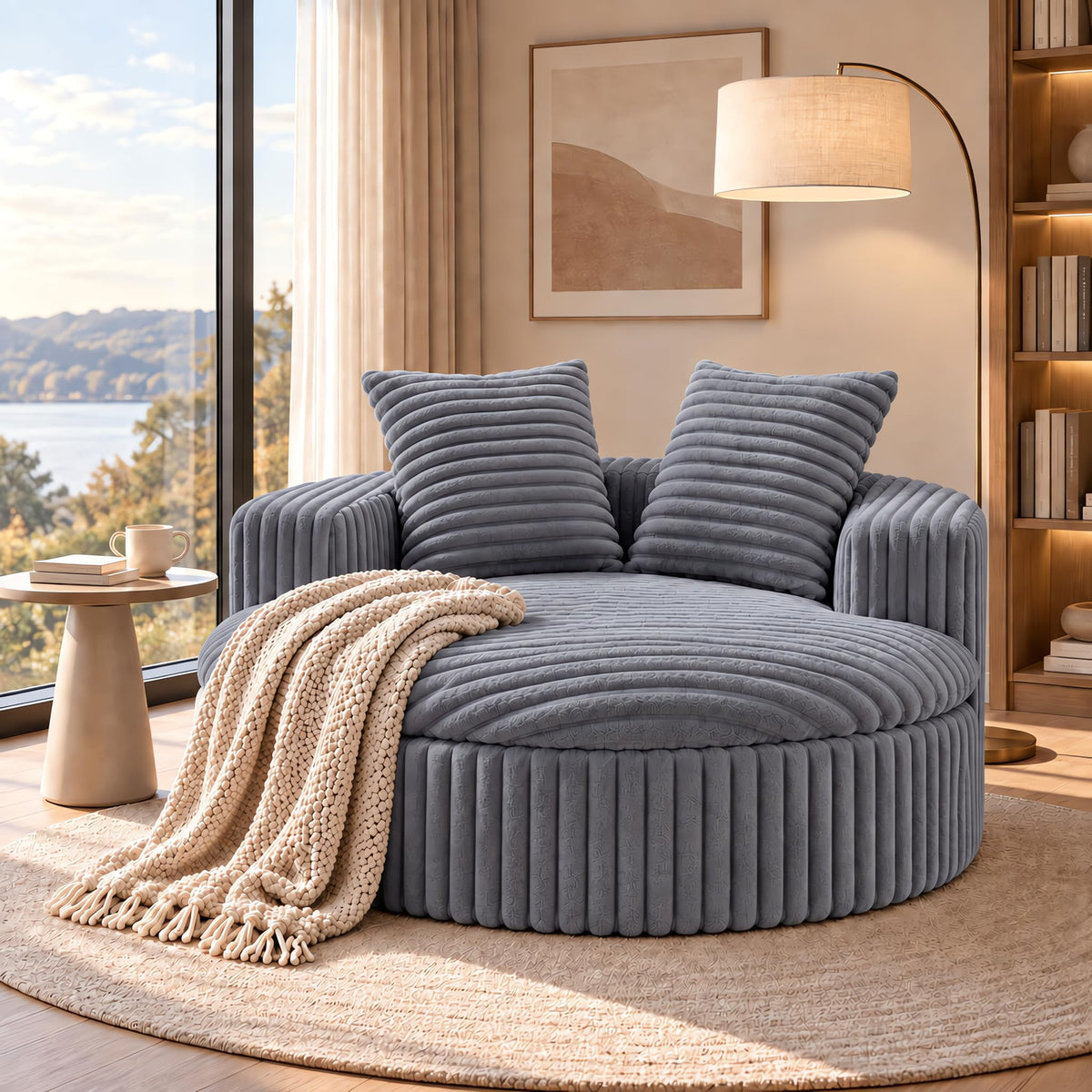 YDN 52" Oversized Round Boneless Chair, Corduroy Reading Lounge Chair, Gray