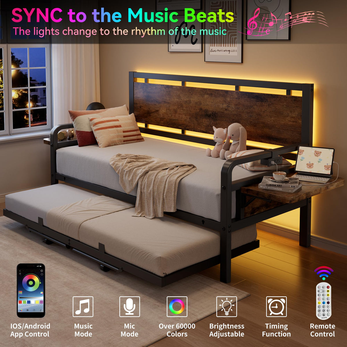 Jocoevol Daybed with Trundle and LED Light, Heavy Duty Metal Twin Bed Frame with Movable Charging Station, Day Bed Pop Up Trundle Bed Twin for Living Room, Bedroom and Guest Room, Brown