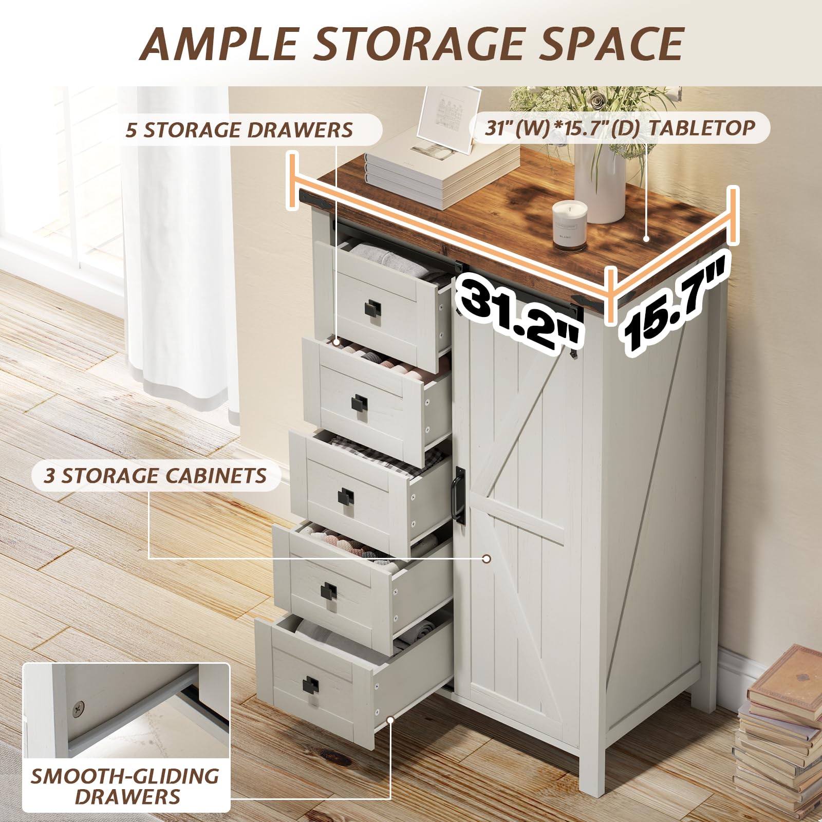 LUXOAK 3 Pieces Bedroom Set - Includes 60" Farmhouse Dresser, 48" Chest of Drawers with Sliding Barn Doors, 48" Tall Storage Cabinet with 5 Drawers, Rustic White