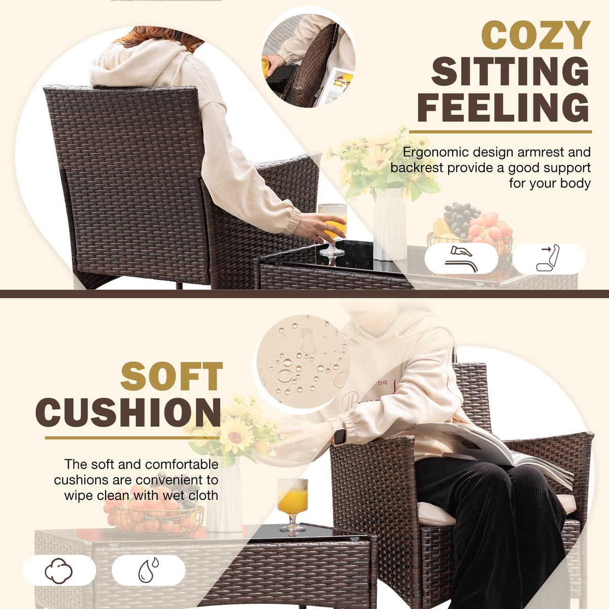 Homall 4 Pieces Outdoor Patio Furniture Set, Rattan Chairs, Brown & Beige