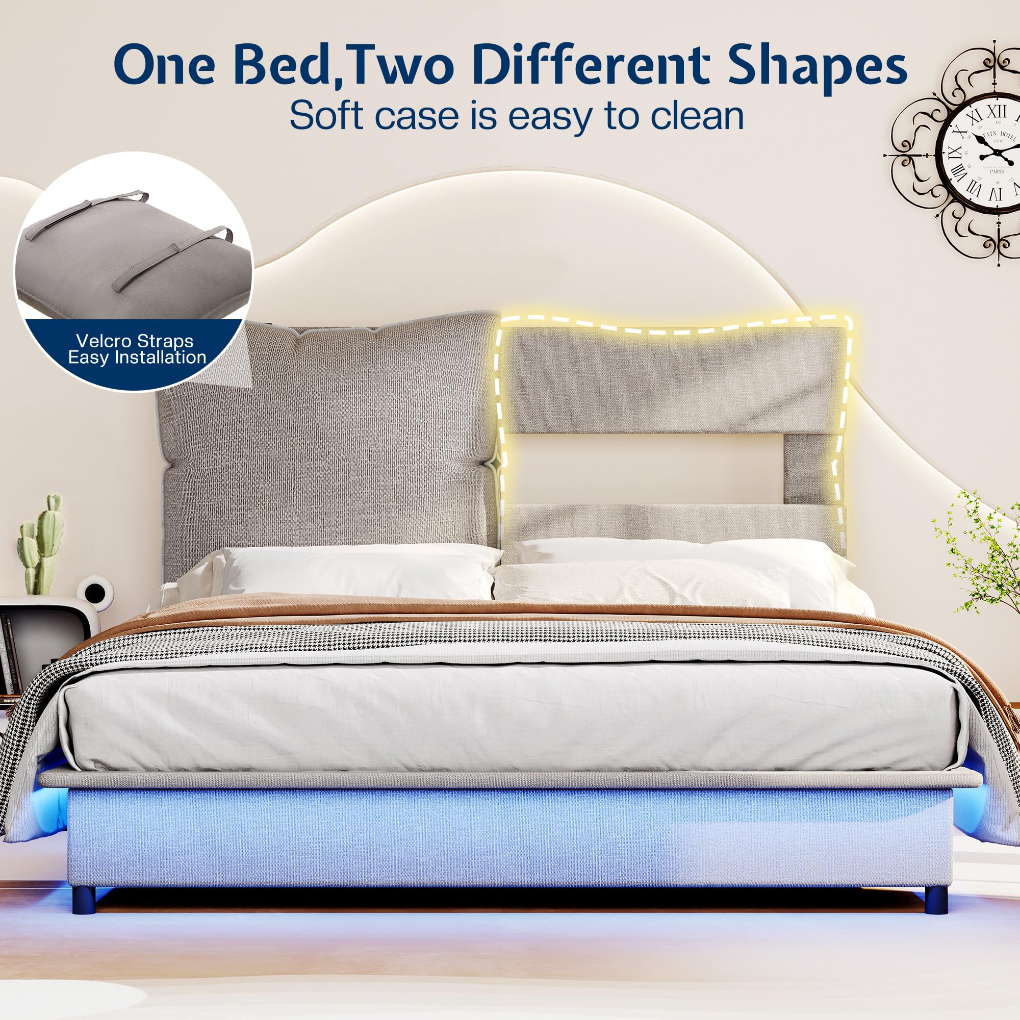Jocisland LED Queen Bed Frame with Headboard and Removable Oversized Upholstered Cushions, Stable Floating Design, Two Look Options, No Box Spring Needed, Easy Assembly,Grey
