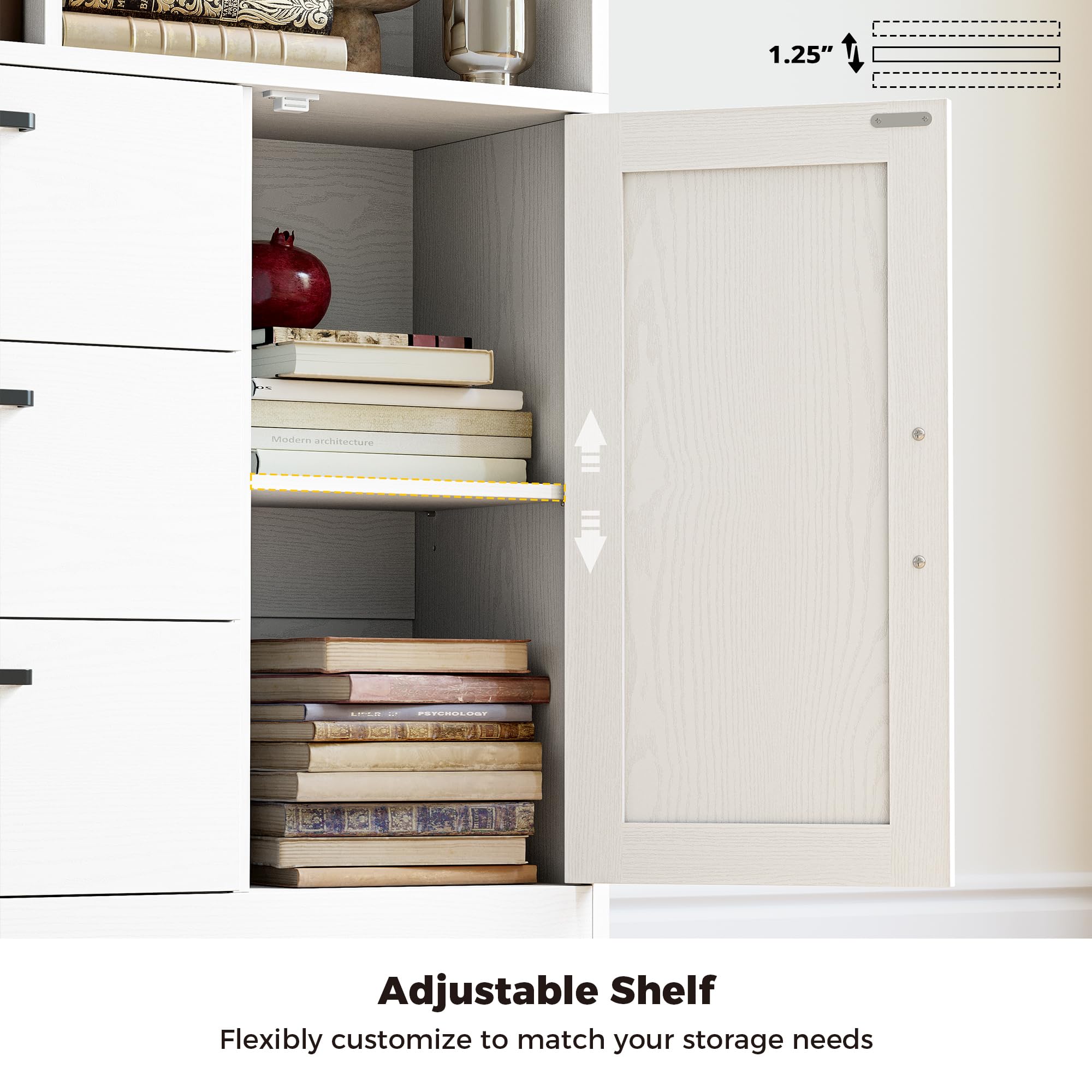 IRONCK Bookshelf, 70.9 Inch Tall Bookcase, White Book Shelf with Doors and 3 Drawers, 3-Tier Bookshelves with 6 Open Cubes for Home Office, Living Room, Study